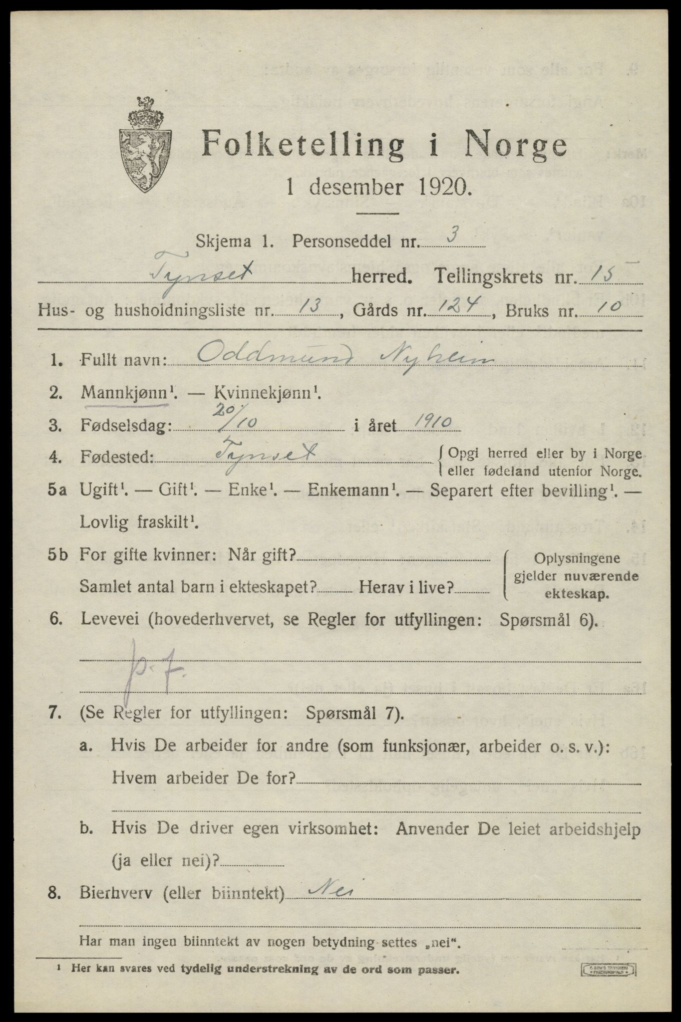 SAH, 1920 census for Tynset, 1920, p. 9370
