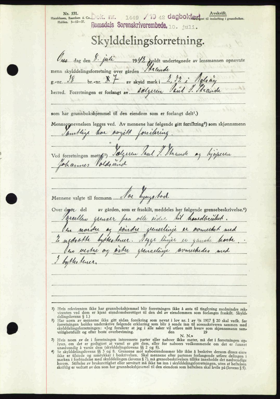 Romsdal sorenskriveri, AV/SAT-A-4149/1/2/2C: Mortgage book no. A12, 1942-1942, Diary no: : 1449/1942