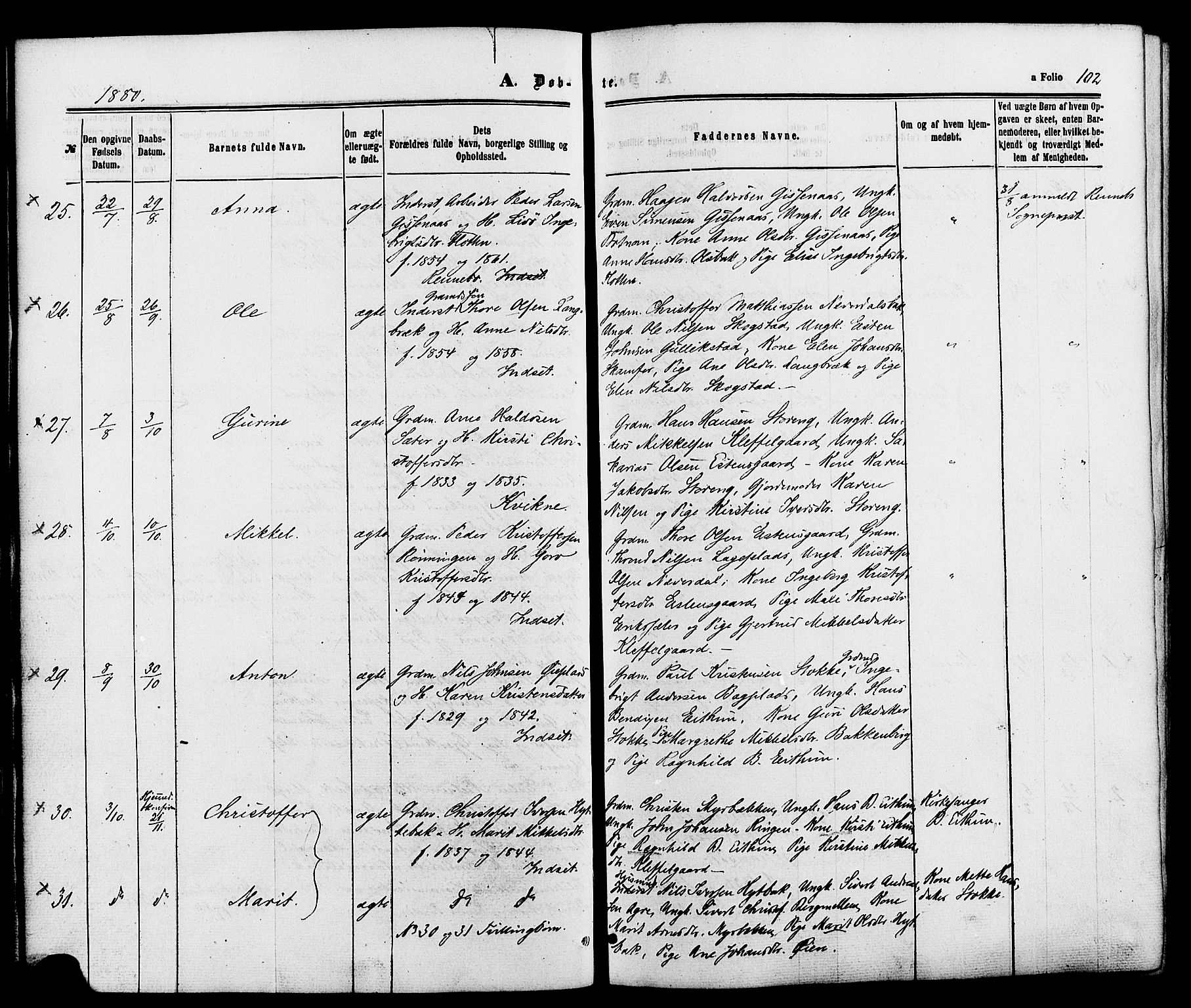 Kvikne prestekontor, AV/SAH-PREST-064/H/Ha/Haa/L0006: Parish register (official) no. 6, 1863-1886, p. 102