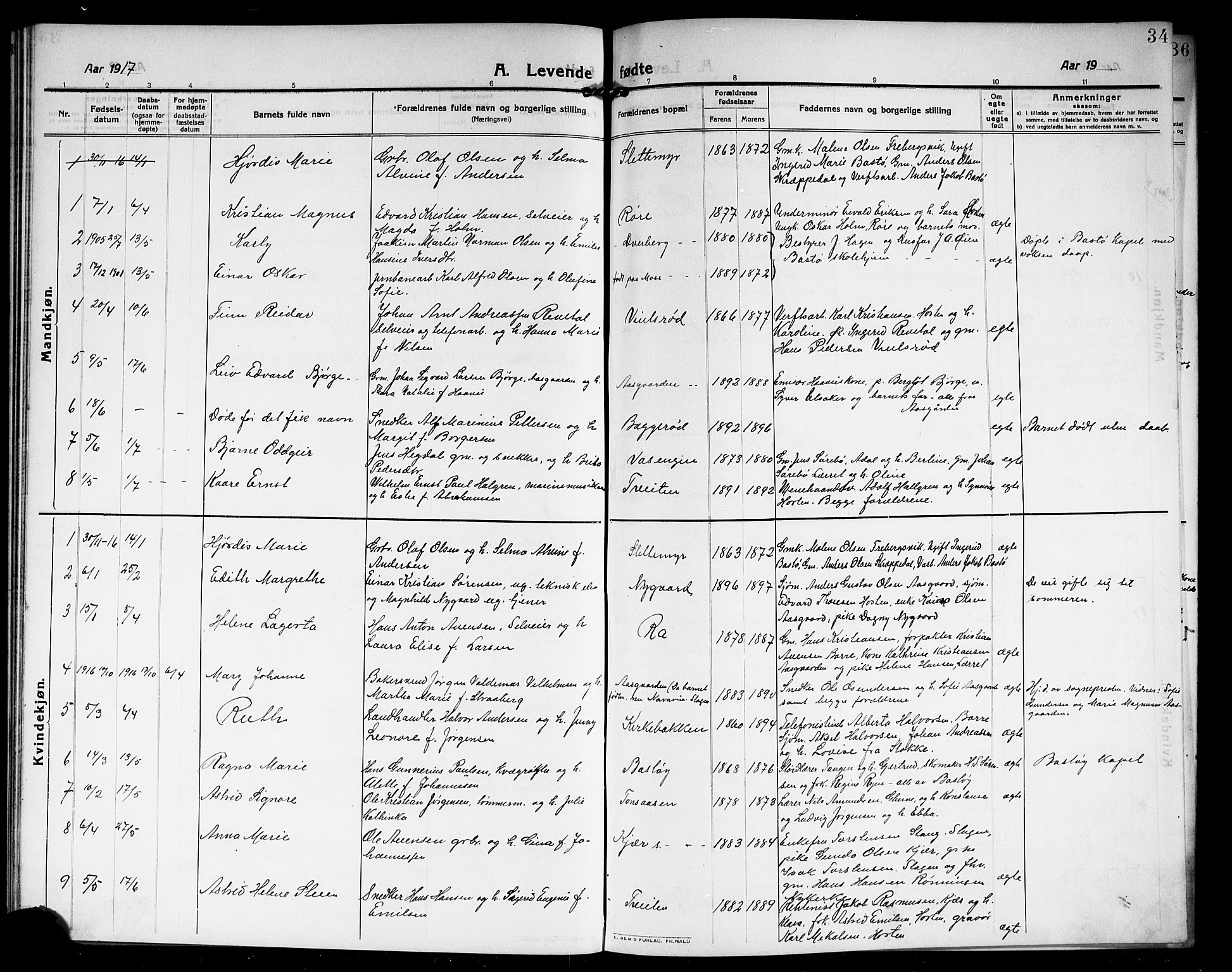 Borre kirkebøker, SAKO/A-338/G/Ga/L0006: Parish register (copy) no. I 6, 1911-1919, p. 34