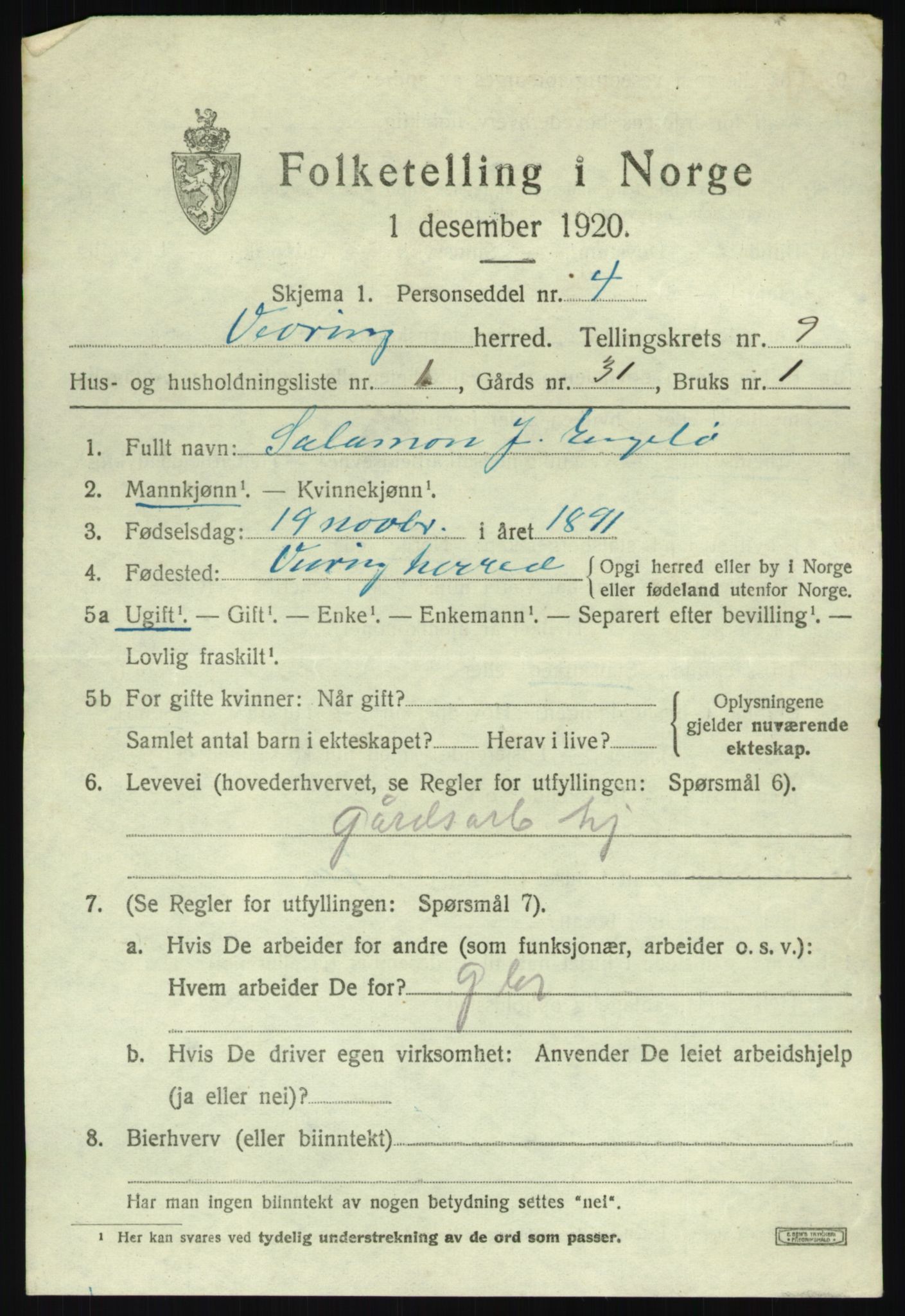 SAB, 1920 census for Vevring, 1920, p. 2372