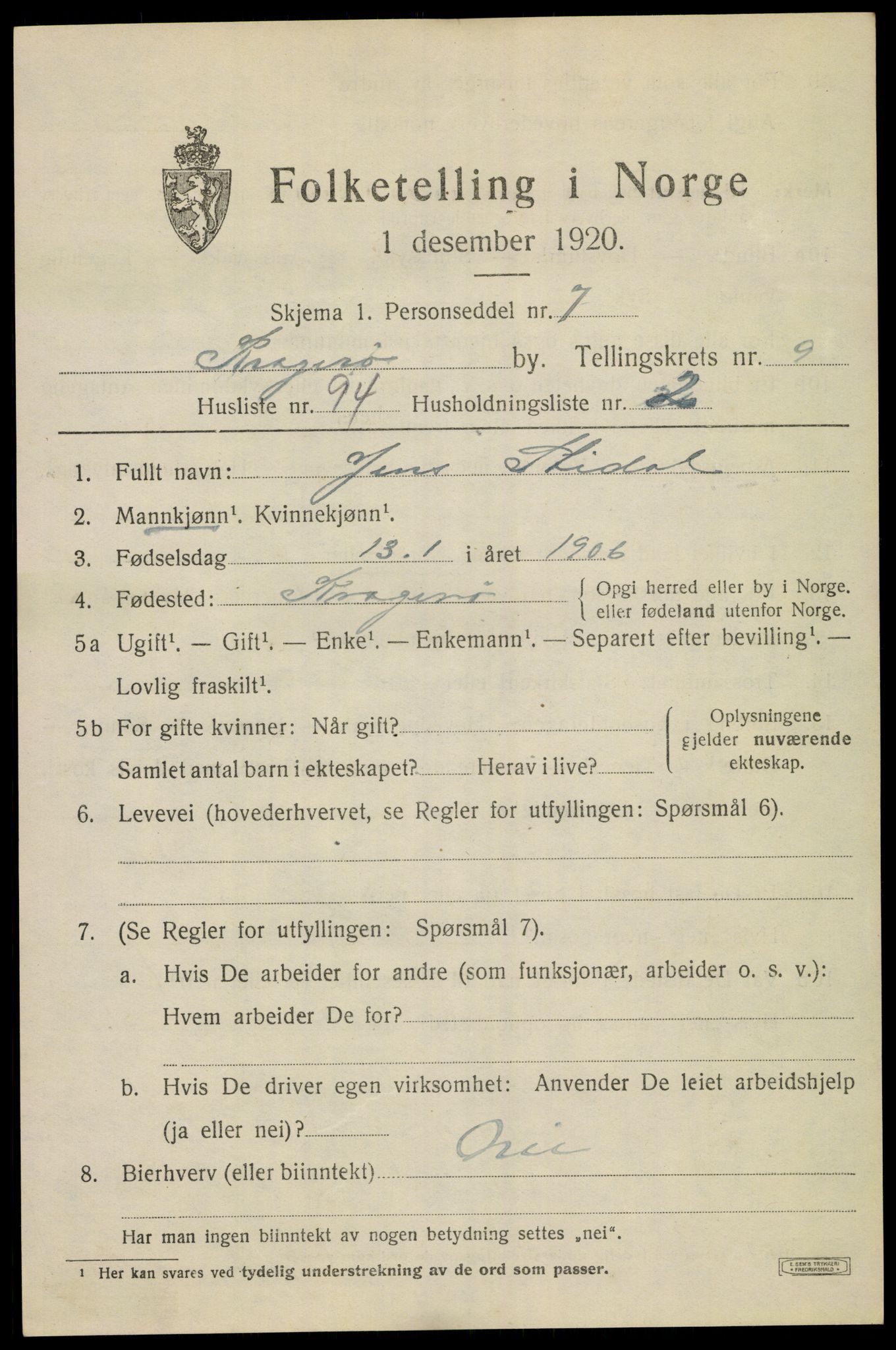SAKO, 1920 census for Kragerø, 1920, p. 12983