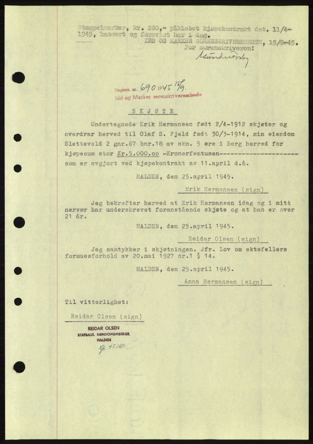 Idd og Marker sorenskriveri, AV/SAO-A-10283/G/Gb/Gbb/L0007: Mortgage book no. A7, 1944-1945, Diary no: : 690/1945