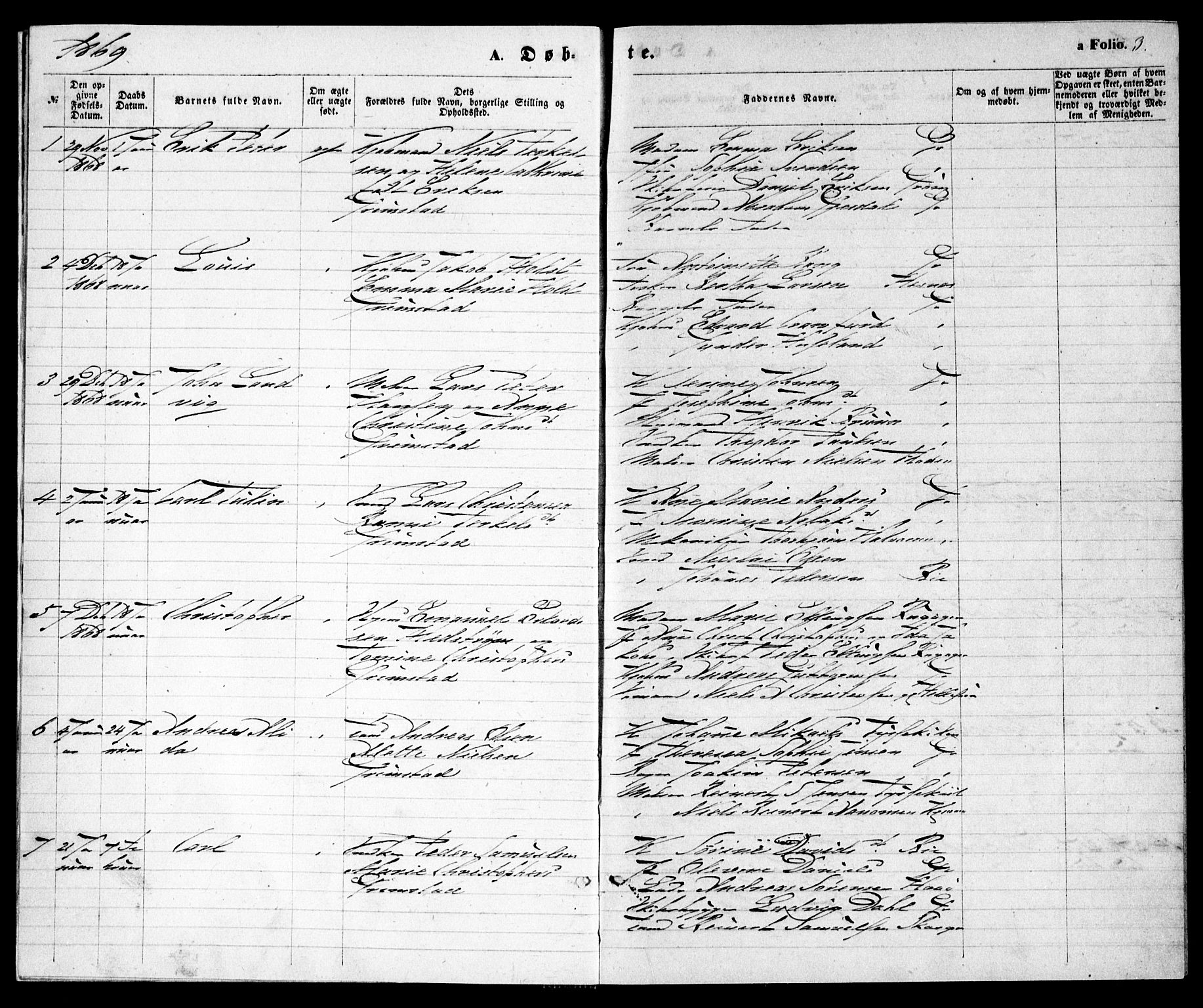 Grimstad sokneprestkontor, SAK/1111-0017/F/Fa/L0002: Parish register (official) no. A 1, 1869-1881, p. 3