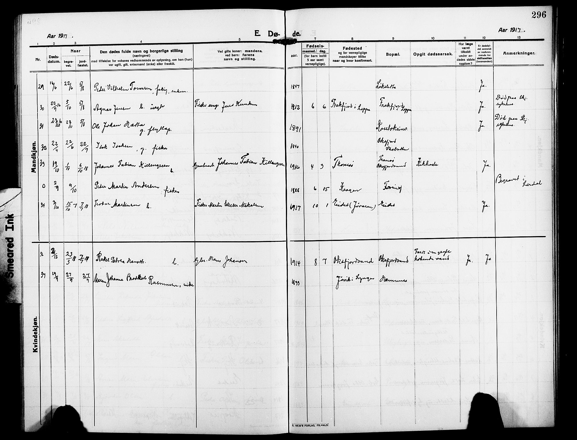 Skjervøy sokneprestkontor, AV/SATØ-S-1300/H/Ha/Hab/L0009klokker: Parish register (copy) no. 9, 1911-1926, p. 296