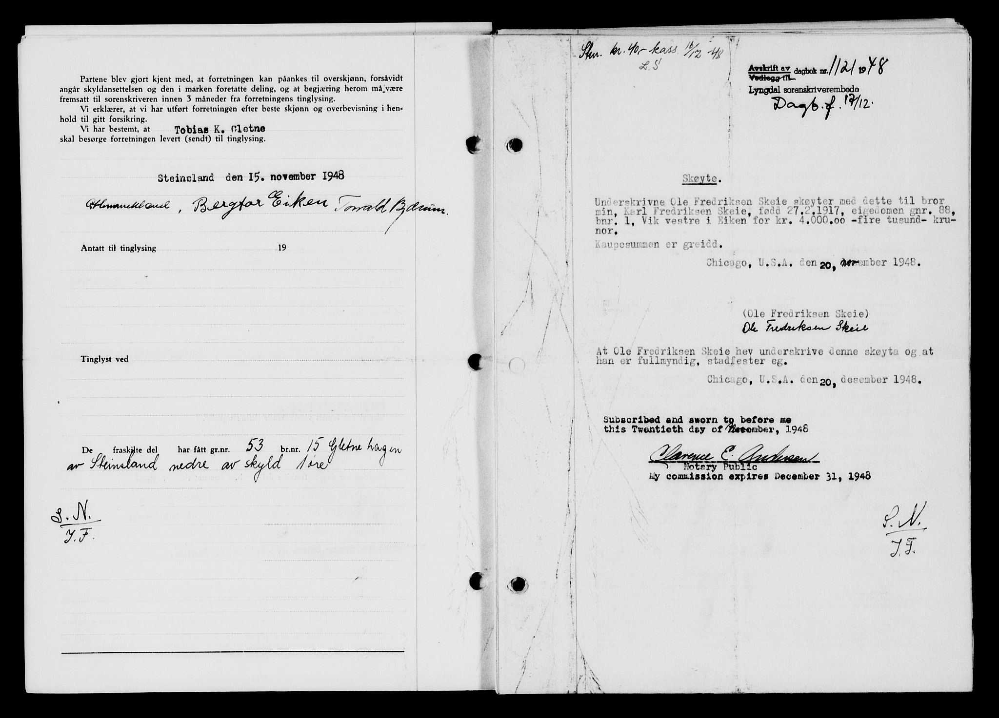 Lyngdal sorenskriveri, AV/SAK-1221-0004/G/Gb/L0663: Mortgage book no. A IX, 1948-1949, Diary no: : 1121/1948