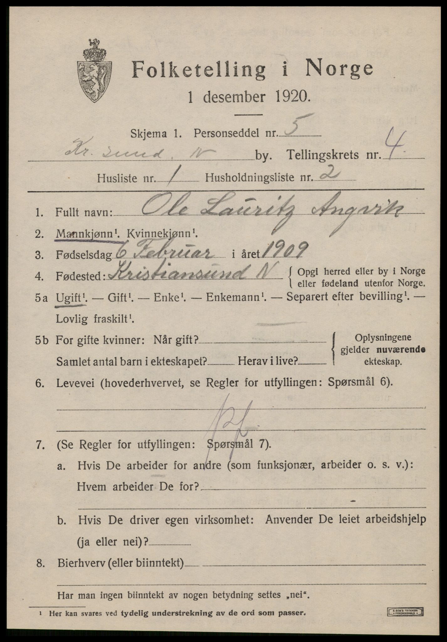 SAT, 1920 census for Kristiansund, 1920, p. 14909