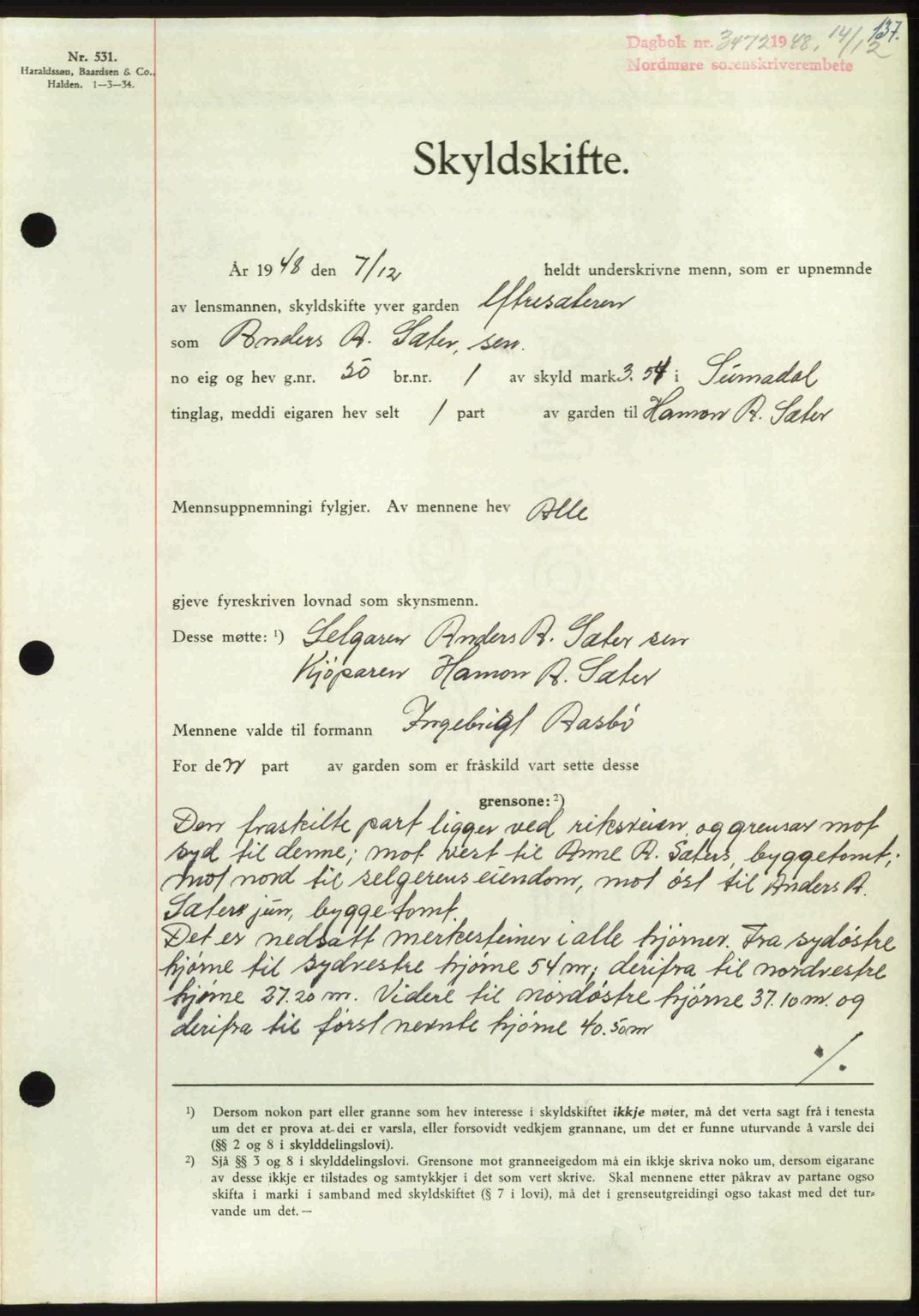 Nordmøre sorenskriveri, AV/SAT-A-4132/1/2/2Ca: Mortgage book no. A110, 1948-1949, Diary no: : 3472/1948