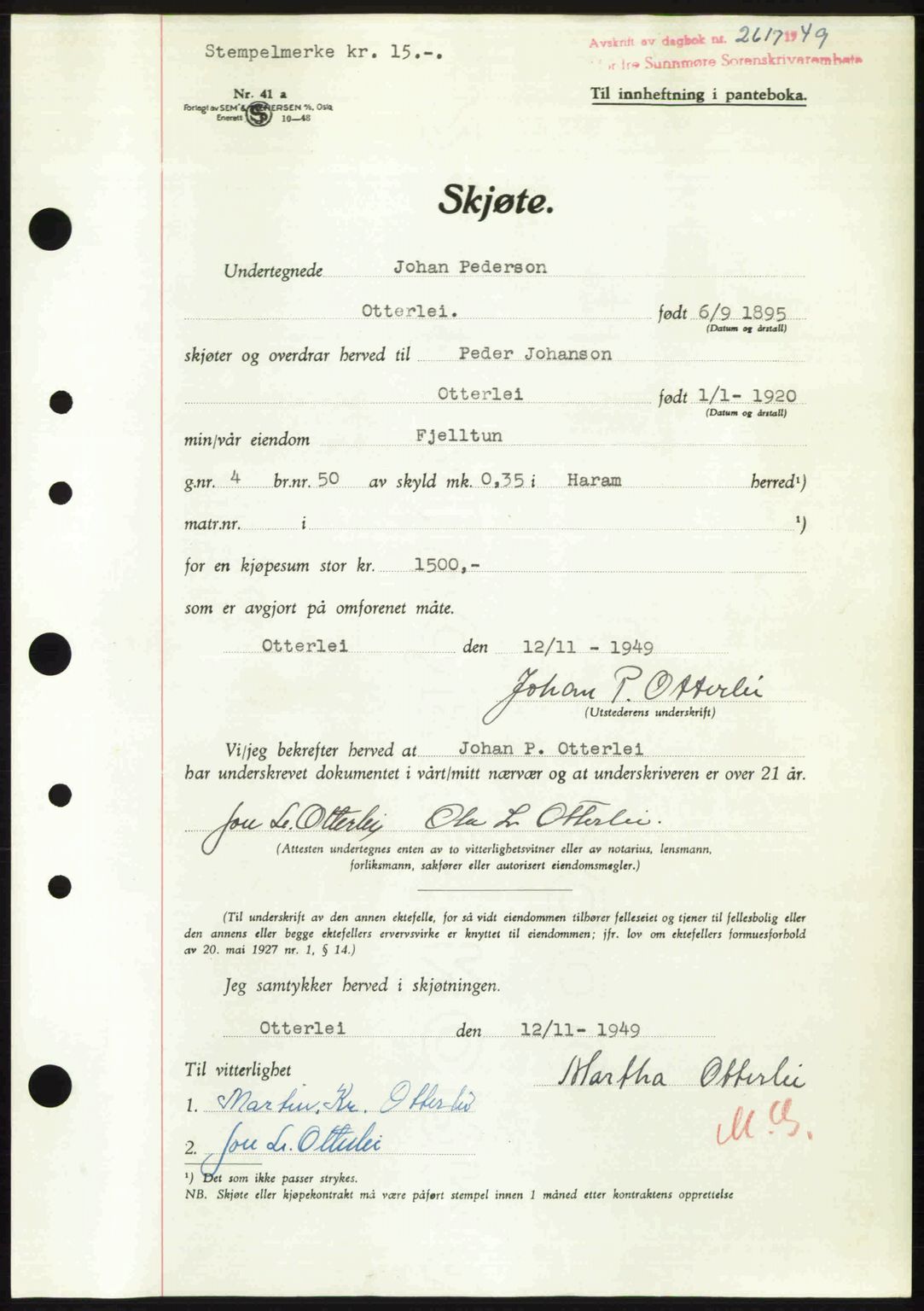 Nordre Sunnmøre sorenskriveri, AV/SAT-A-0006/1/2/2C/2Ca: Mortgage book no. A32, 1949-1949, Diary no: : 2617/1949