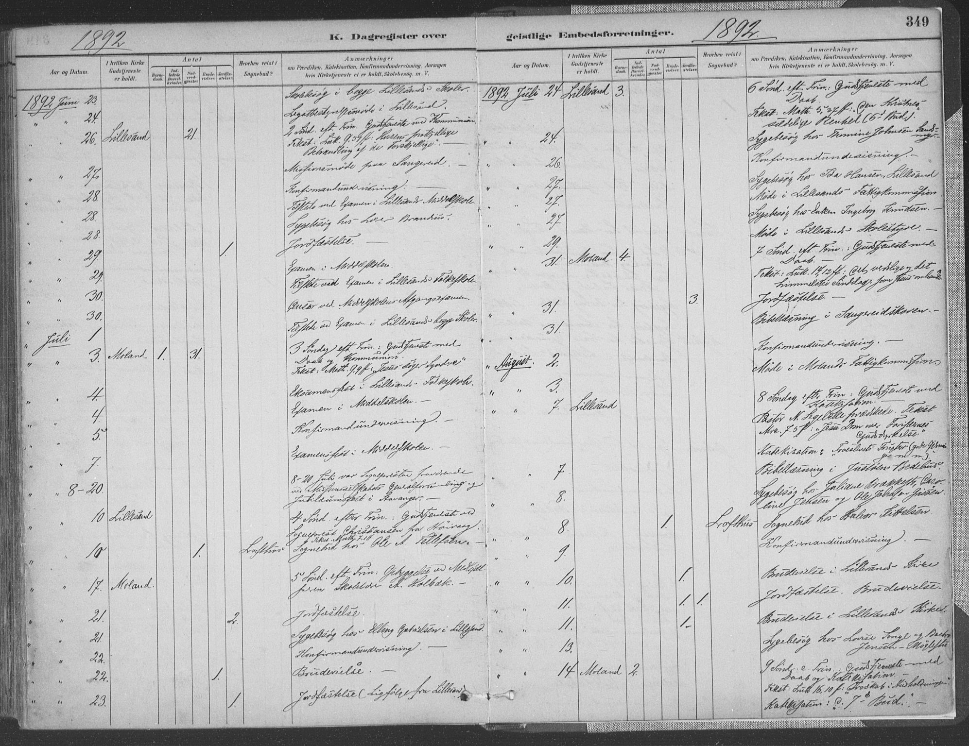 Vestre Moland sokneprestkontor, AV/SAK-1111-0046/F/Fa/Fab/L0009: Parish register (official) no. A 9, 1884-1899, p. 349