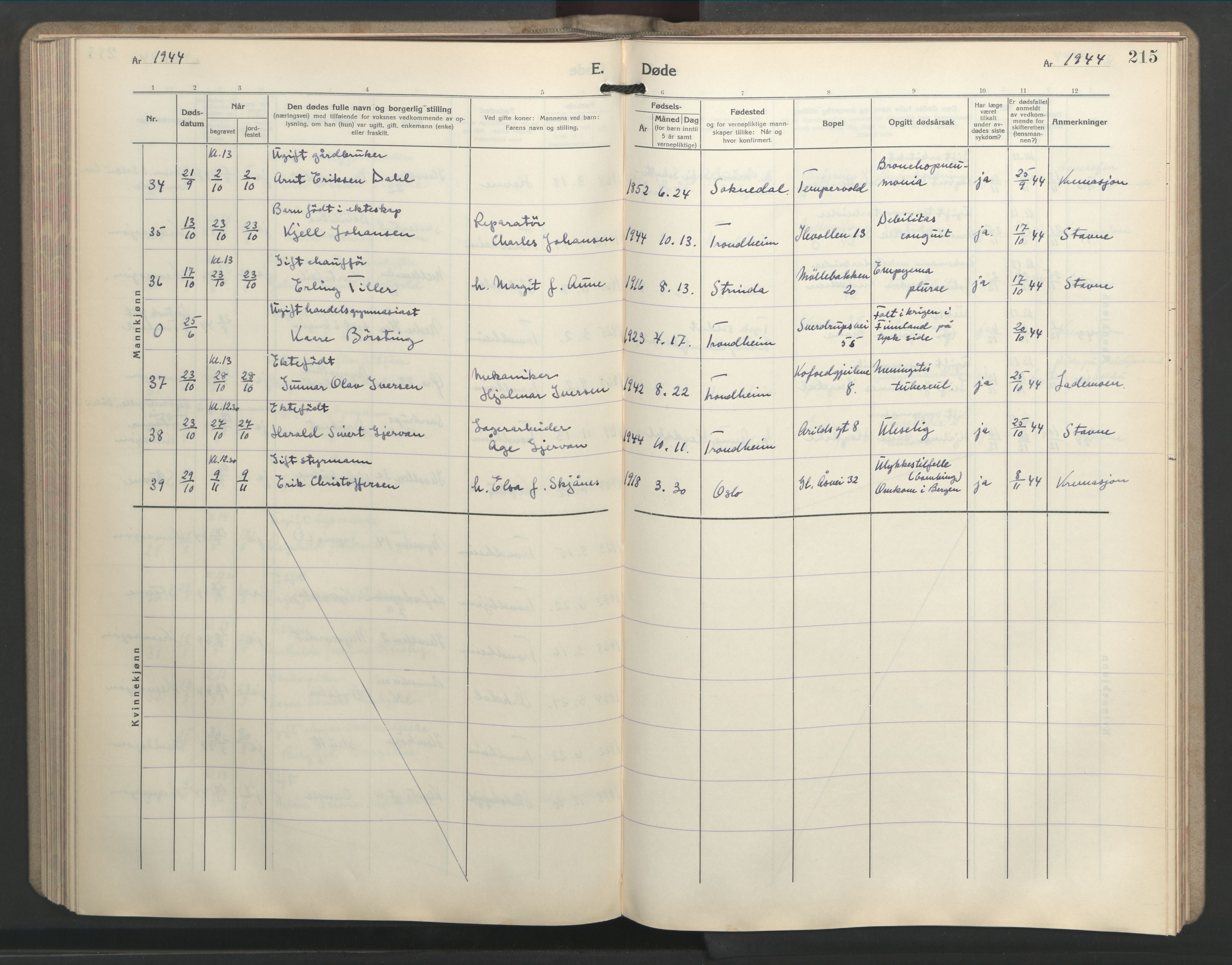 Ministerialprotokoller, klokkerbøker og fødselsregistre - Sør-Trøndelag, AV/SAT-A-1456/603/L0177: Parish register (copy) no. 603C05, 1941-1952, p. 215