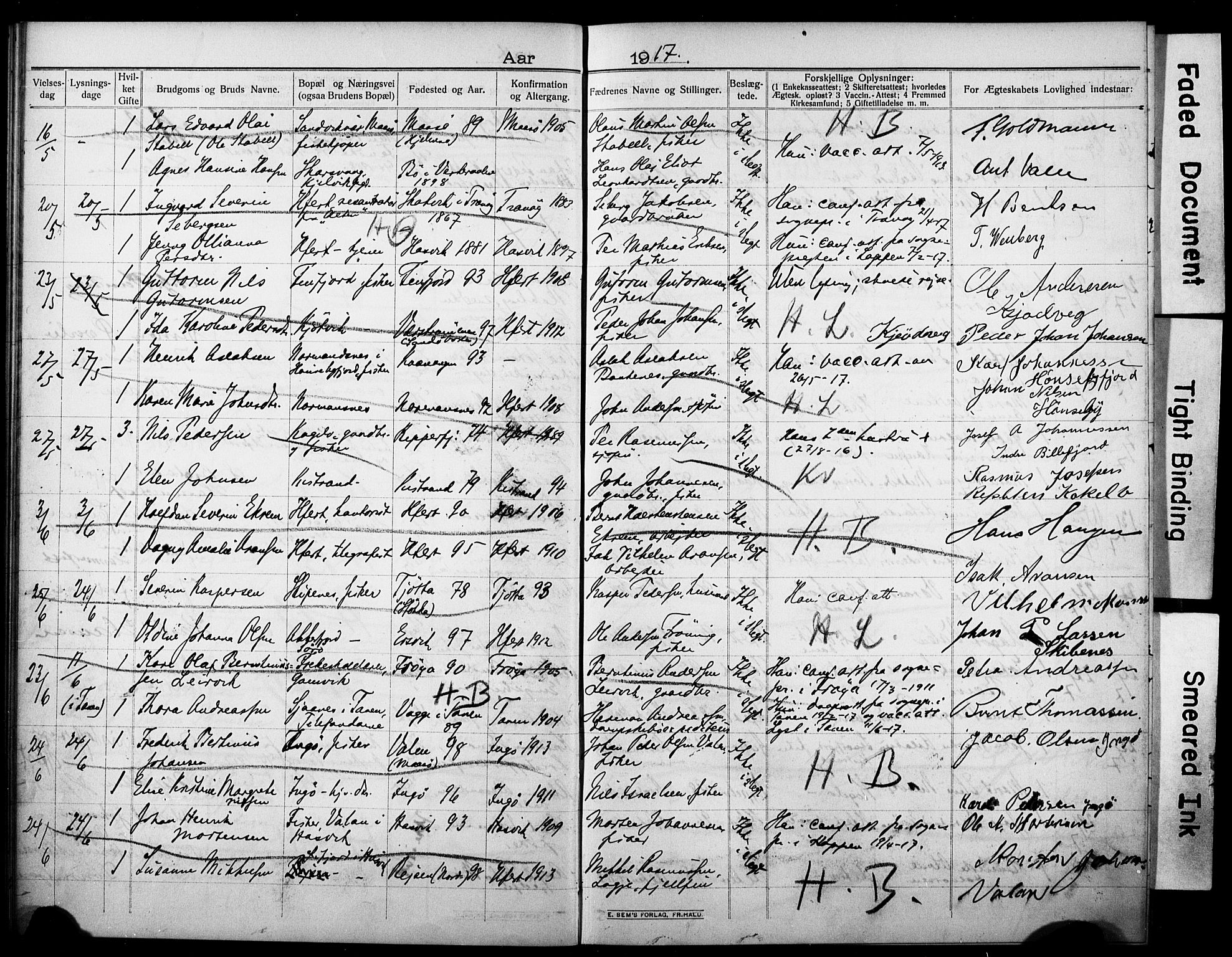 Hammerfest sokneprestkontor, AV/SATØ-S-1347/I/Ib/L0072: Banns register no. 72, 1912-1918