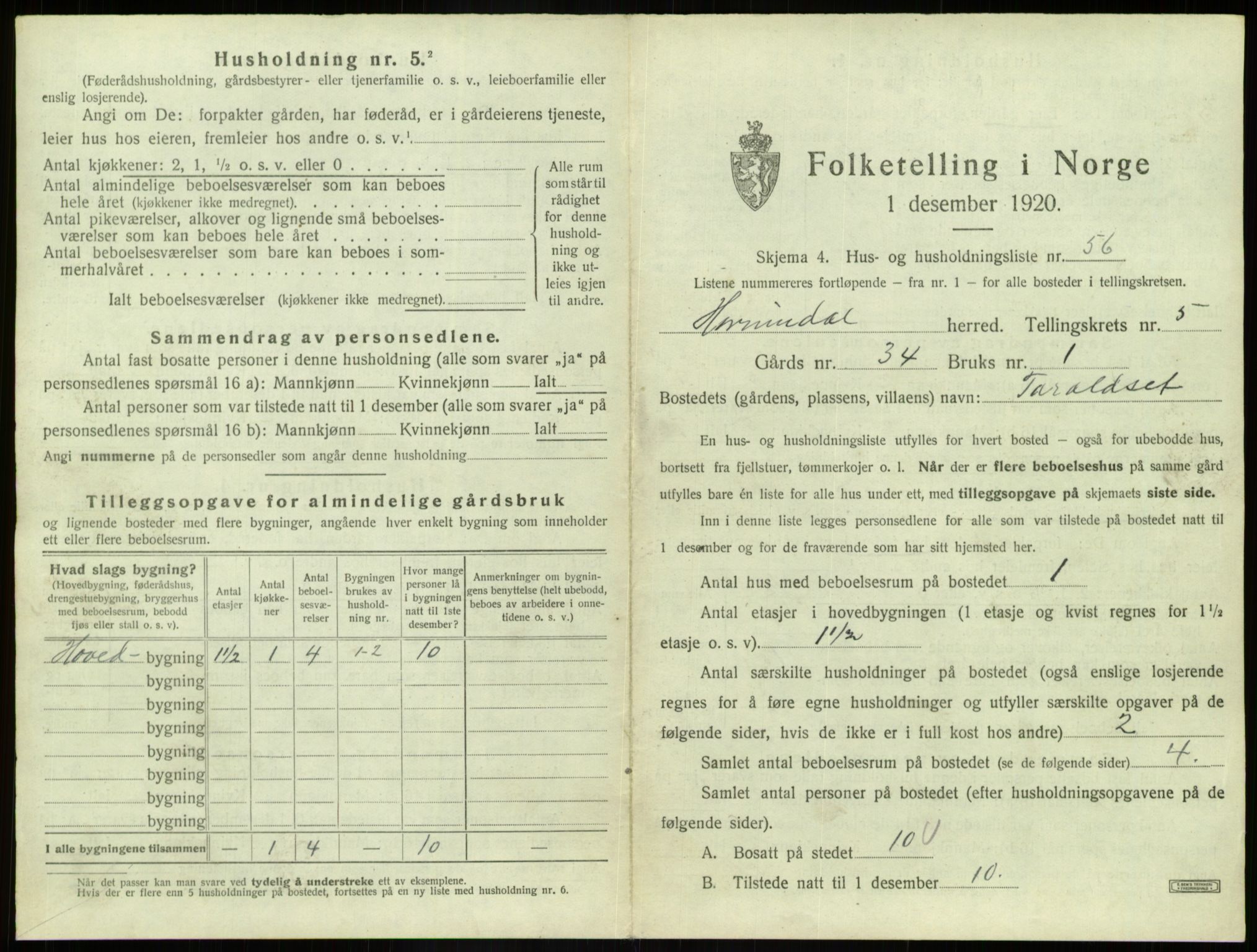 SAB, 1920 census for Hornindal, 1920, p. 417