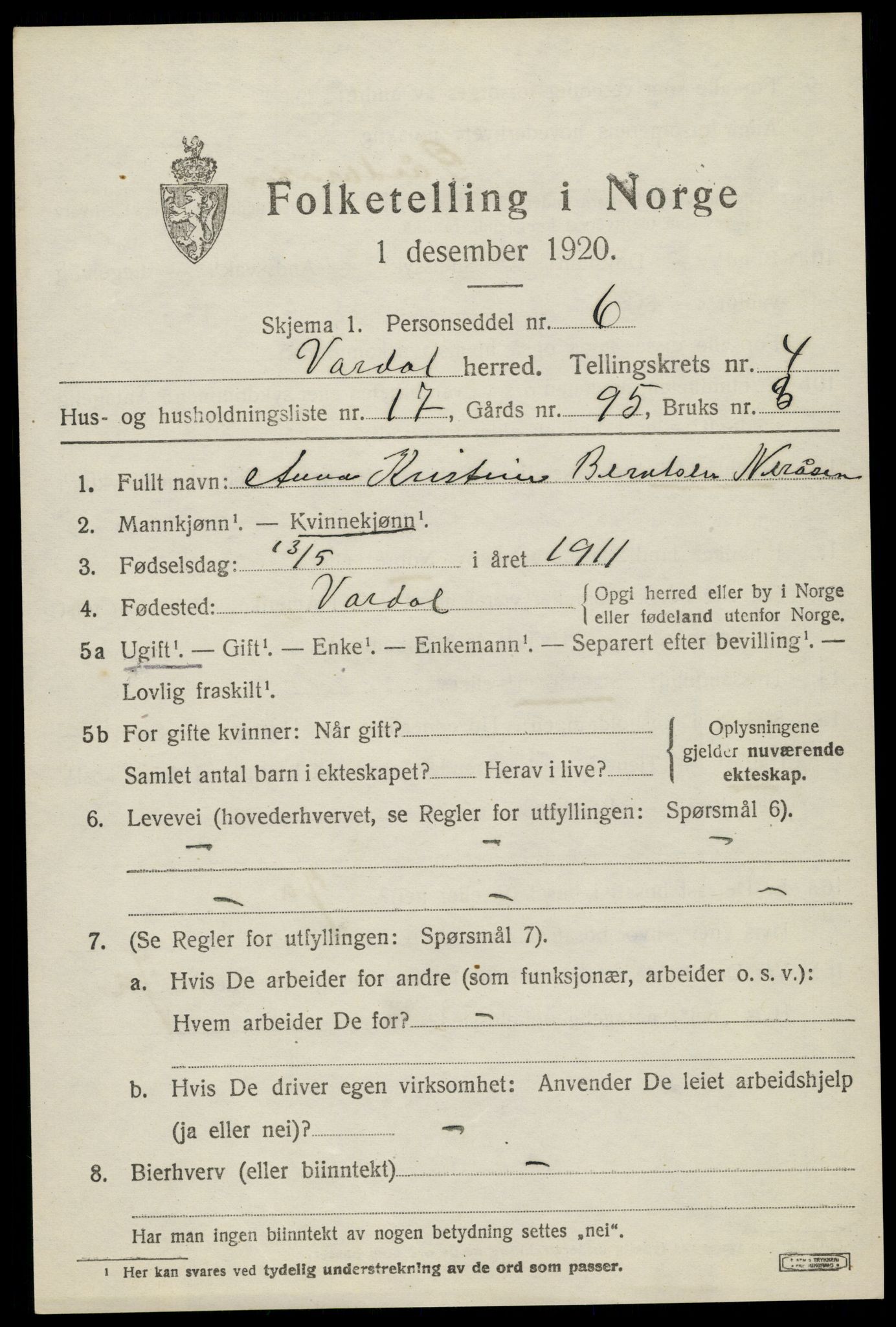 SAH, 1920 census for Vardal, 1920, p. 3031