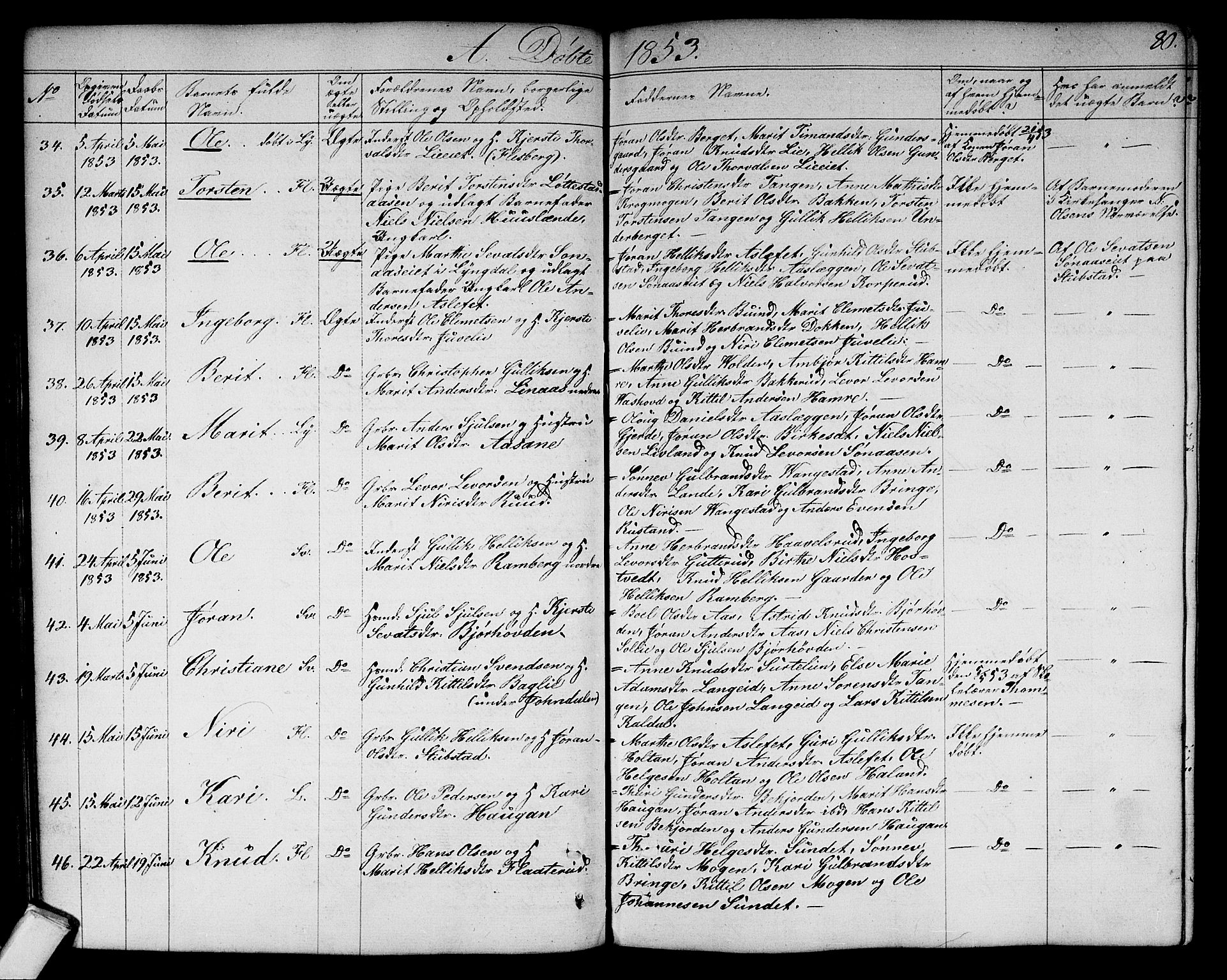 Flesberg kirkebøker, AV/SAKO-A-18/G/Ga/L0002: Parish register (copy) no. I 2, 1834-1860, p. 80