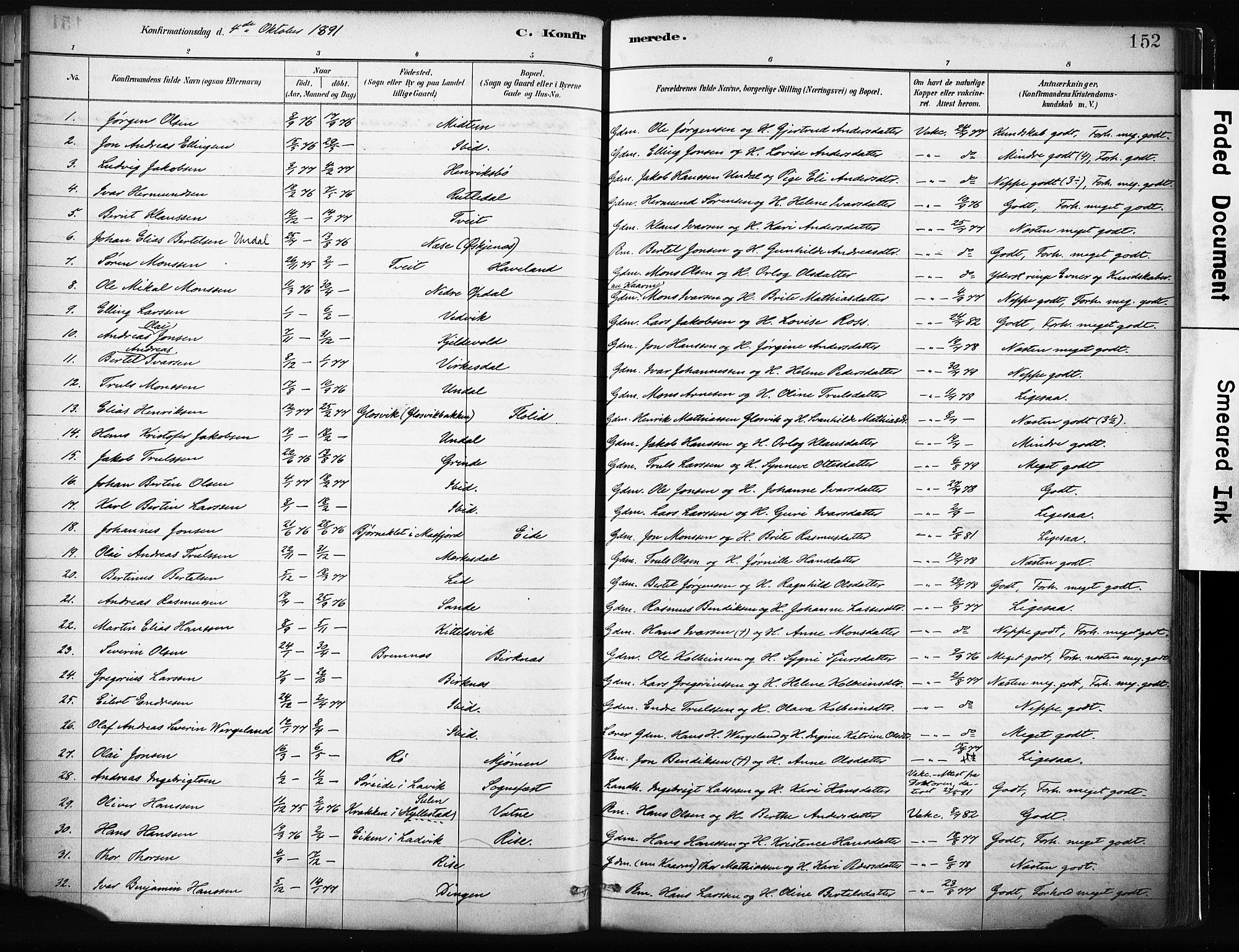 Gulen sokneprestembete, AV/SAB-A-80201/H/Haa/Haab/L0001: Parish register (official) no. B 1, 1881-1905, p. 152