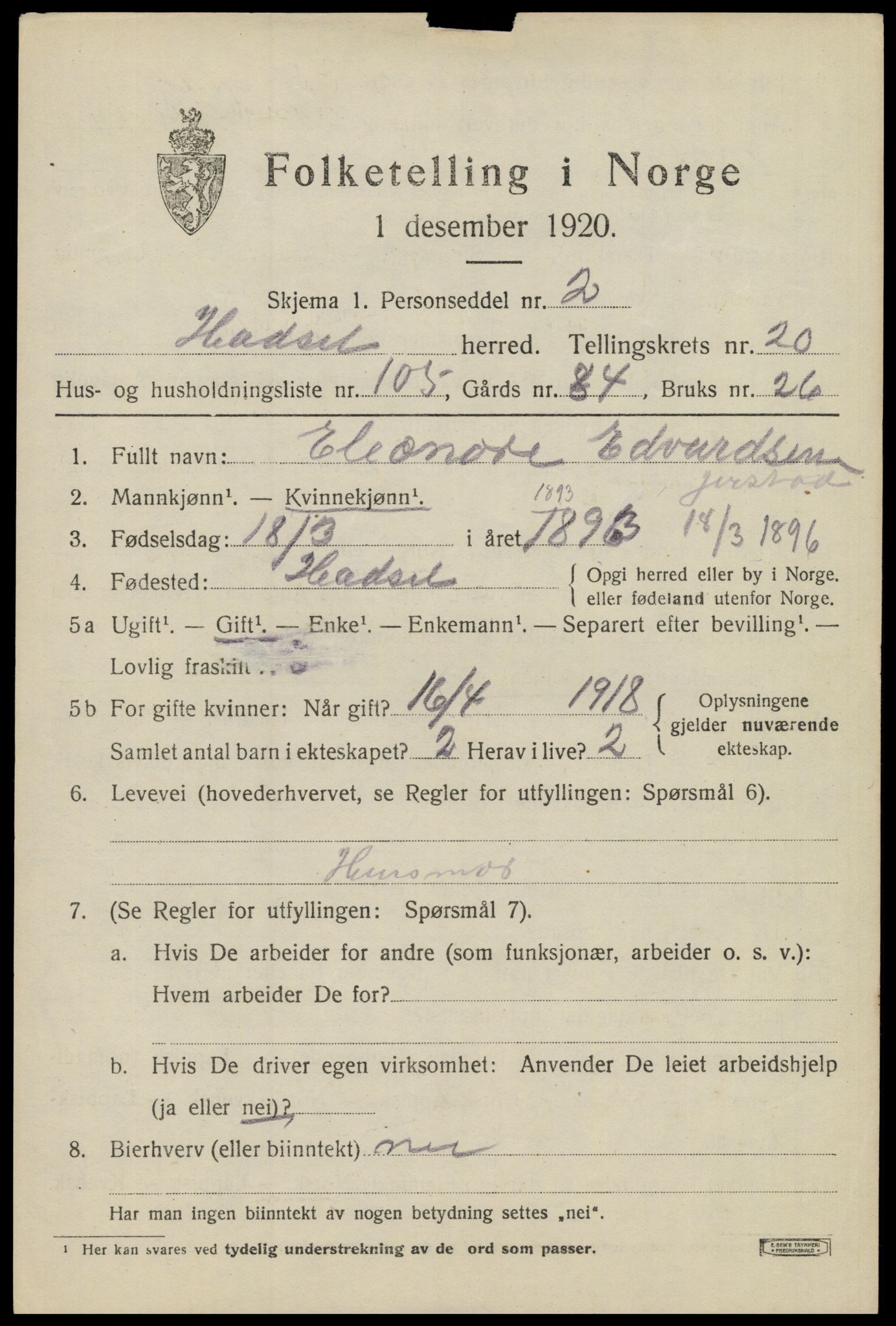 SAT, 1920 census for Hadsel, 1920, p. 19446