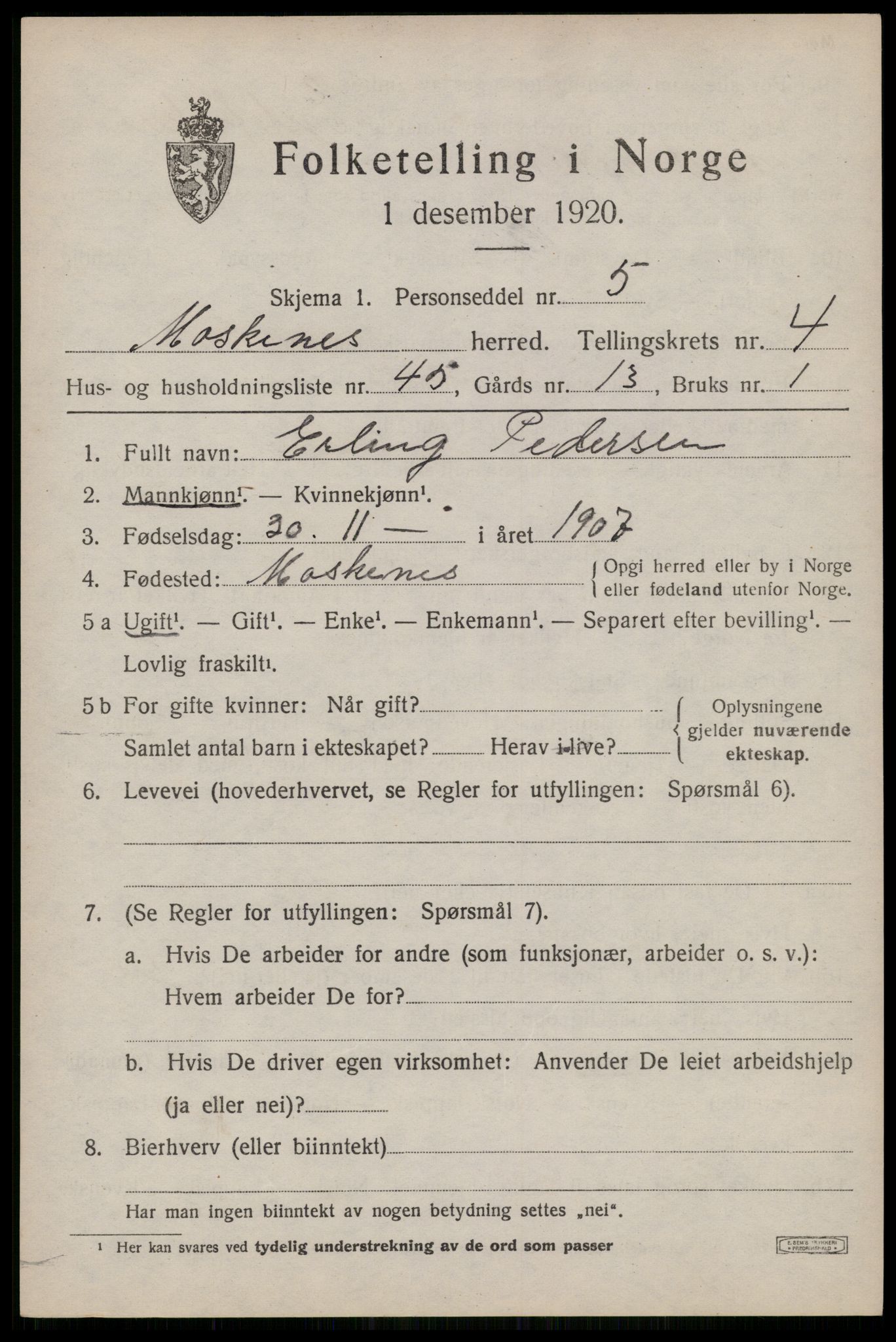 SAT, 1920 census for Moskenes, 1920, p. 3062