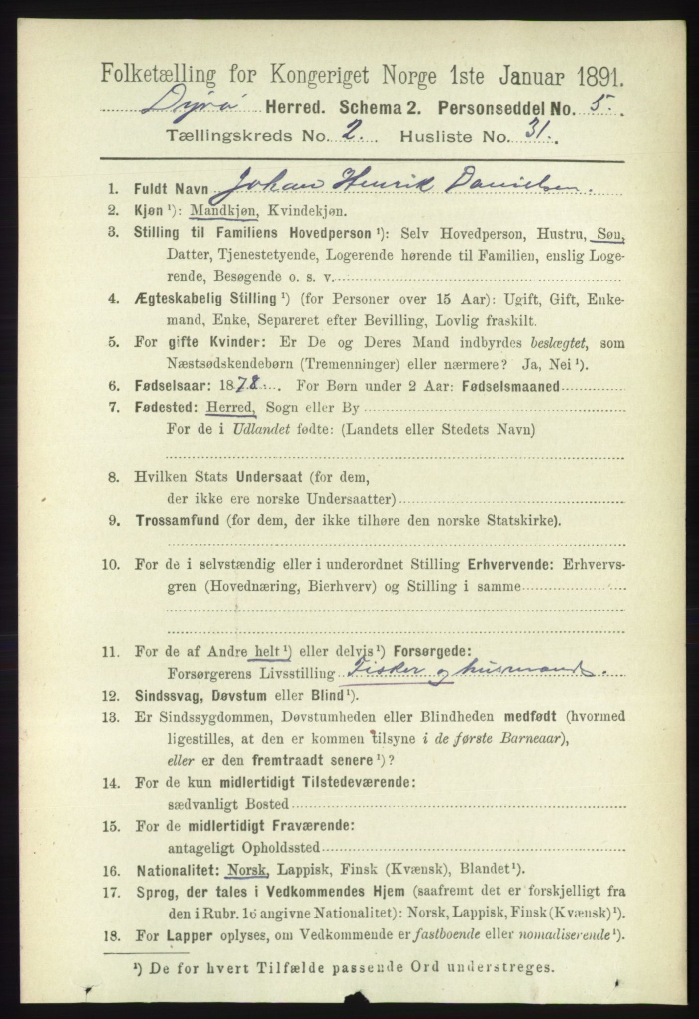 RA, 1891 census for 1926 Dyrøy, 1891, p. 756