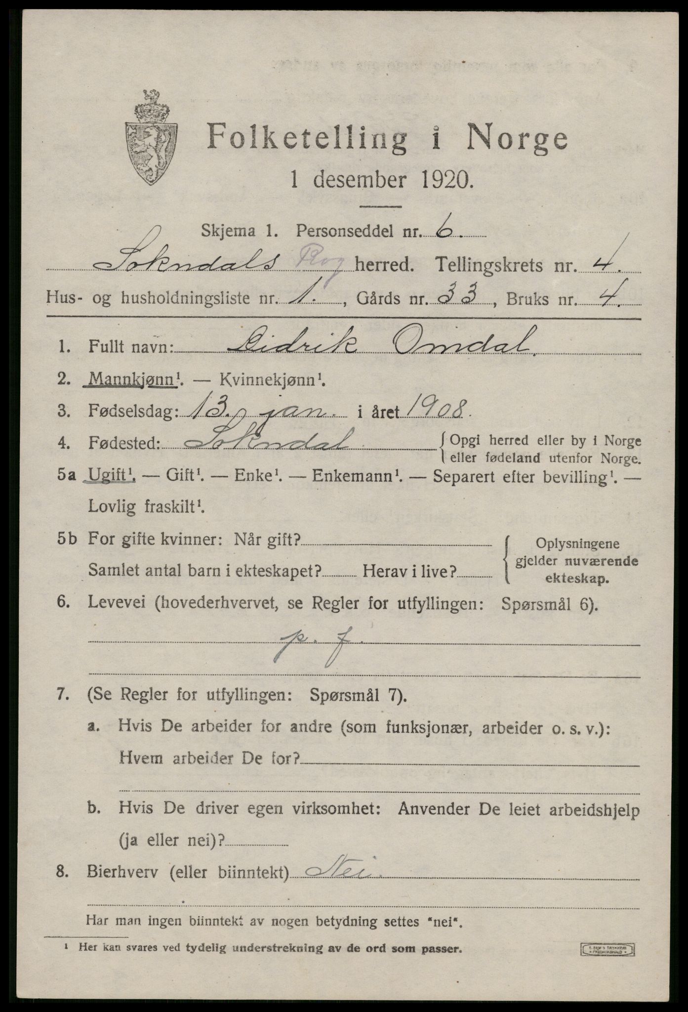 SAST, 1920 census for Sokndal, 1920, p. 2857