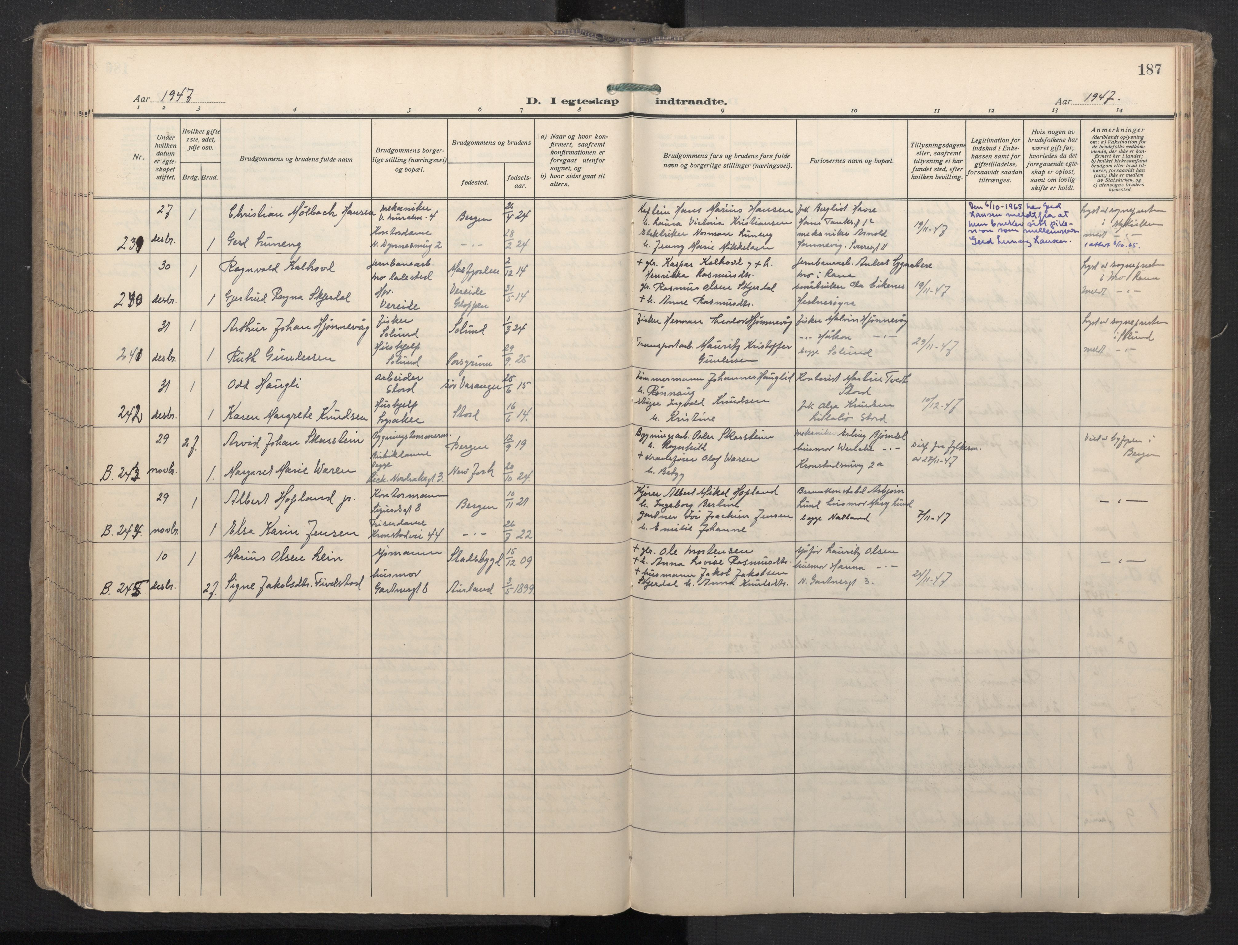 Domkirken sokneprestembete, SAB/A-74801/H/Haa: Parish register (official) no. D 7, 1937-1950, p. 186b-187a