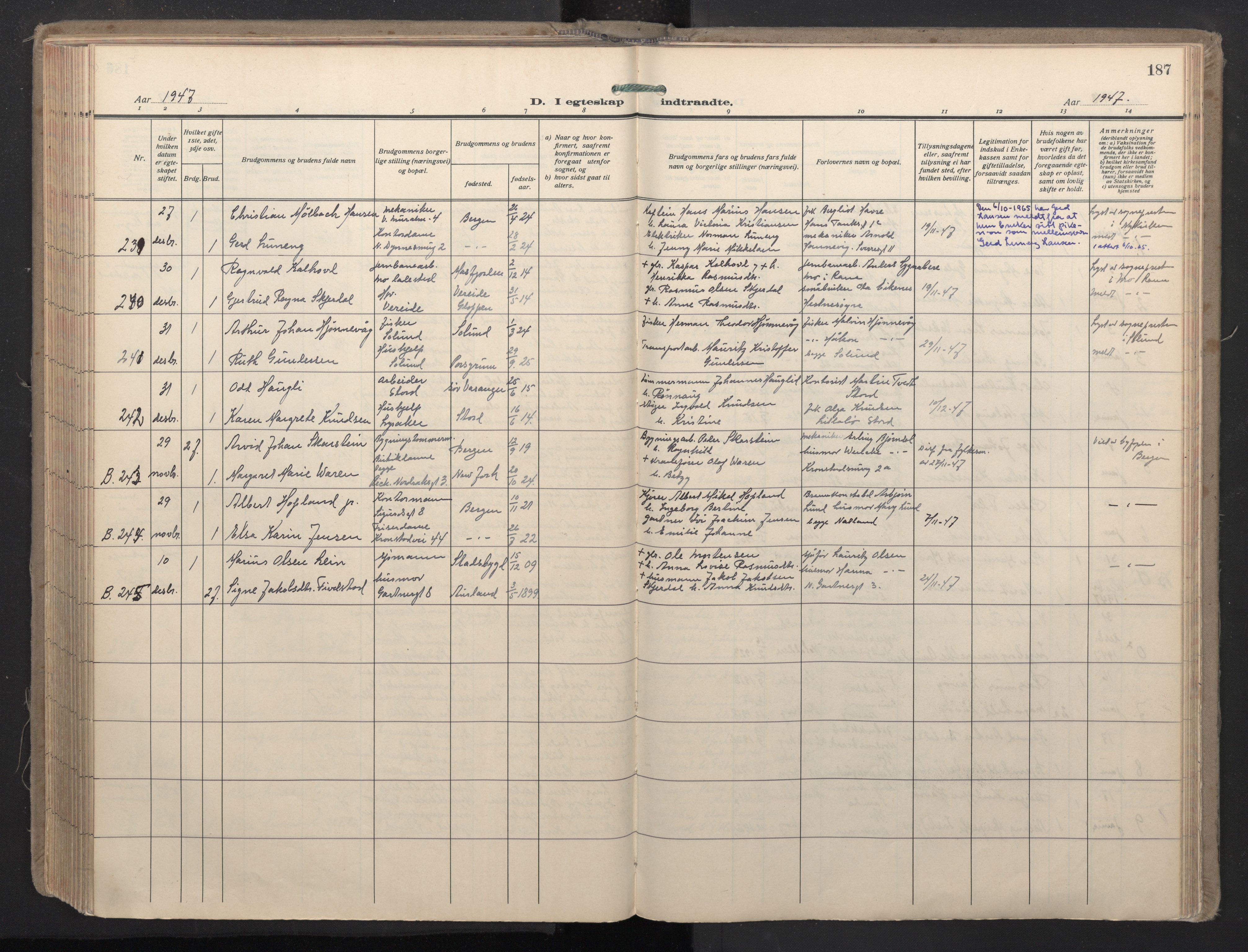 Domkirken sokneprestembete, AV/SAB-A-74801/H/Haa: Parish register (official) no. D 7, 1937-1950, p. 186b-187a