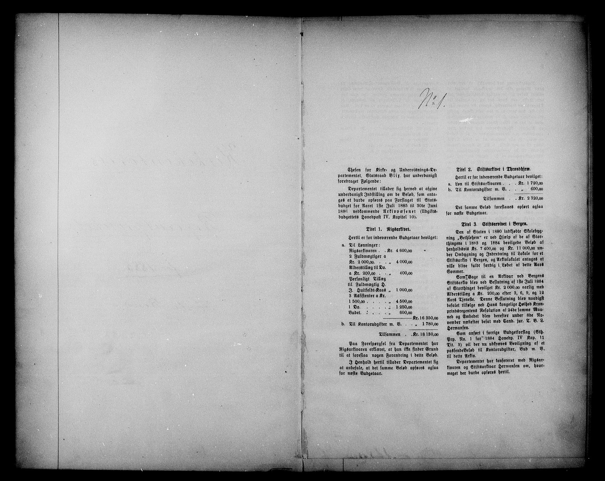 Kirke- og undervisningsdepartementet, Kontoret  for kirke og geistlighet A, AV/RA-S-1007/A/Aa/L0226: Referatprotokoll bd. 1. Ref.nr. 1-160, 1885