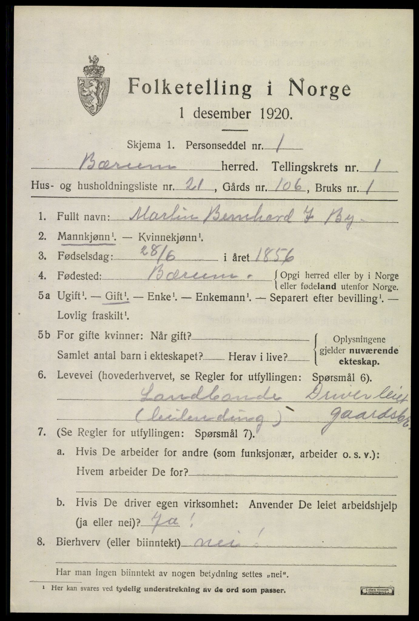 SAO, 1920 census for Bærum, 1920, p. 5388