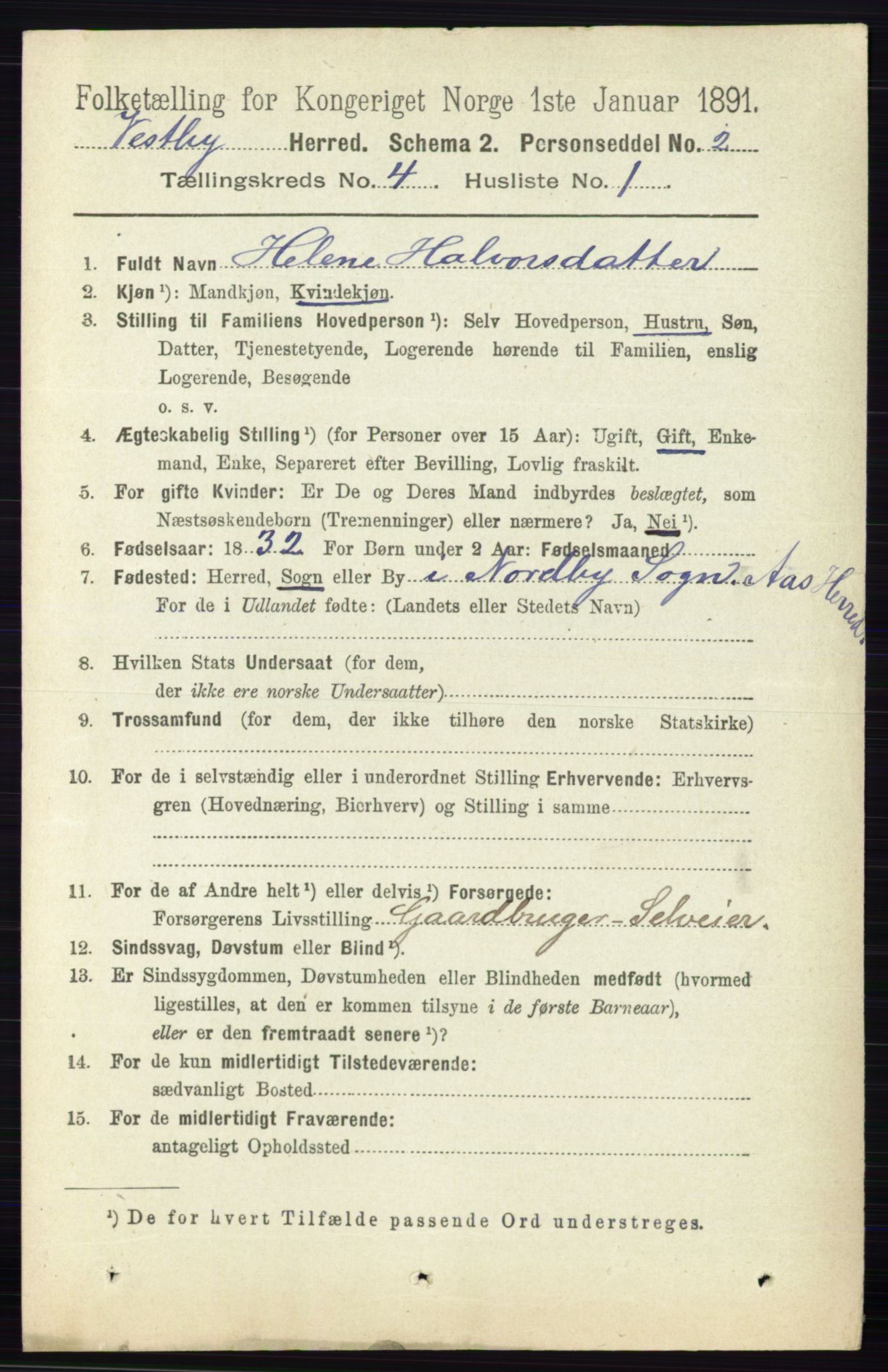 RA, 1891 census for 0211 Vestby, 1891, p. 1578