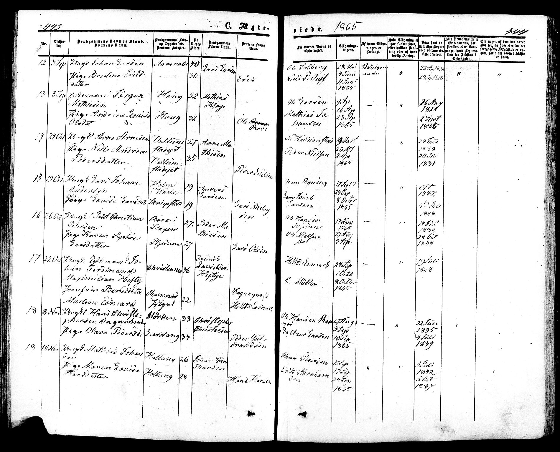 Ramnes kirkebøker, SAKO/A-314/F/Fa/L0006: Parish register (official) no. I 6, 1862-1877, p. 443-444