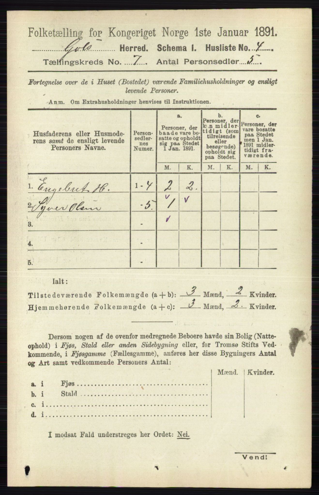 RA, 1891 census for 0617 Gol og Hemsedal, 1891, p. 2775