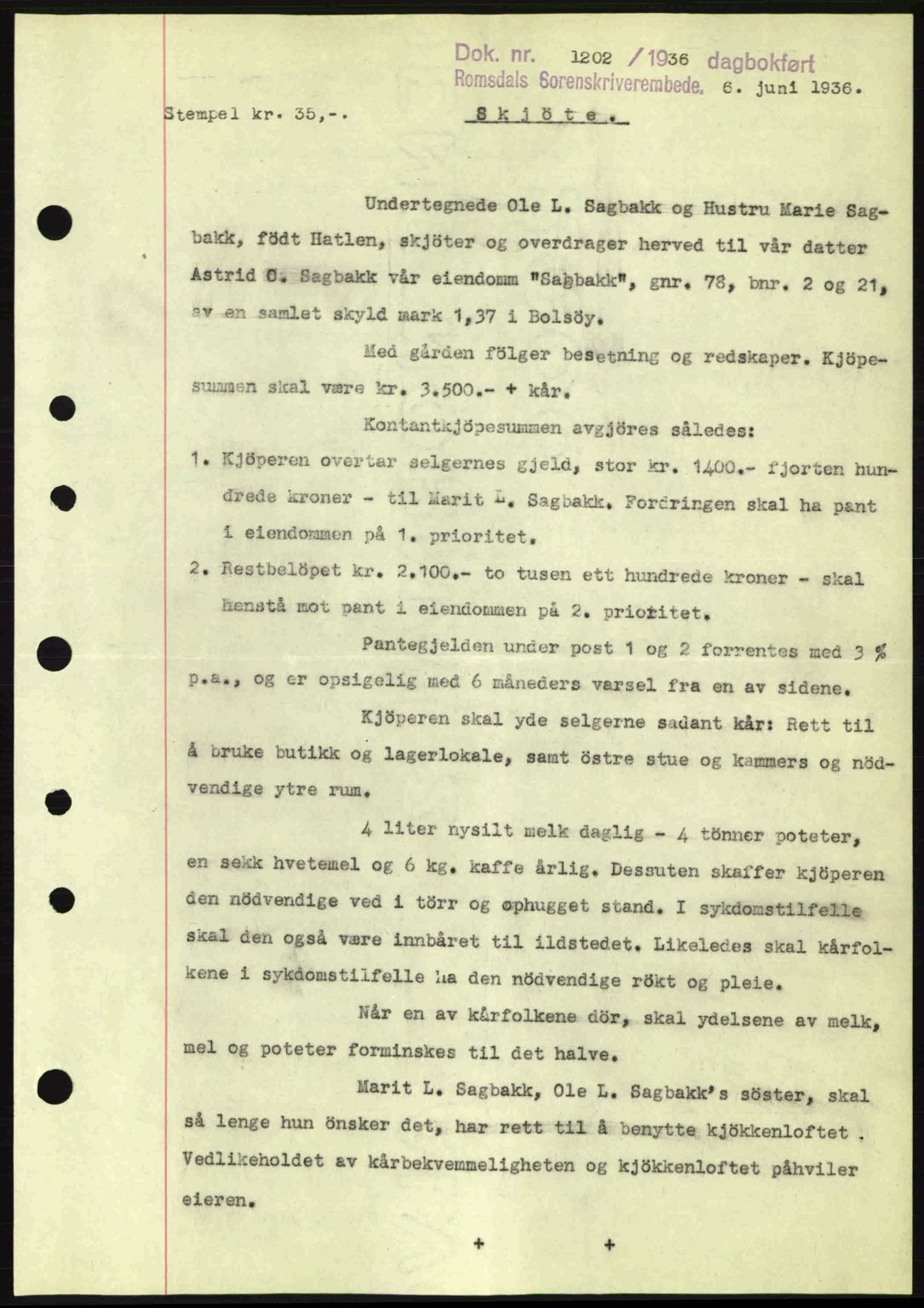 Romsdal sorenskriveri, AV/SAT-A-4149/1/2/2C: Mortgage book no. A1, 1936-1936, Diary no: : 1202/1936