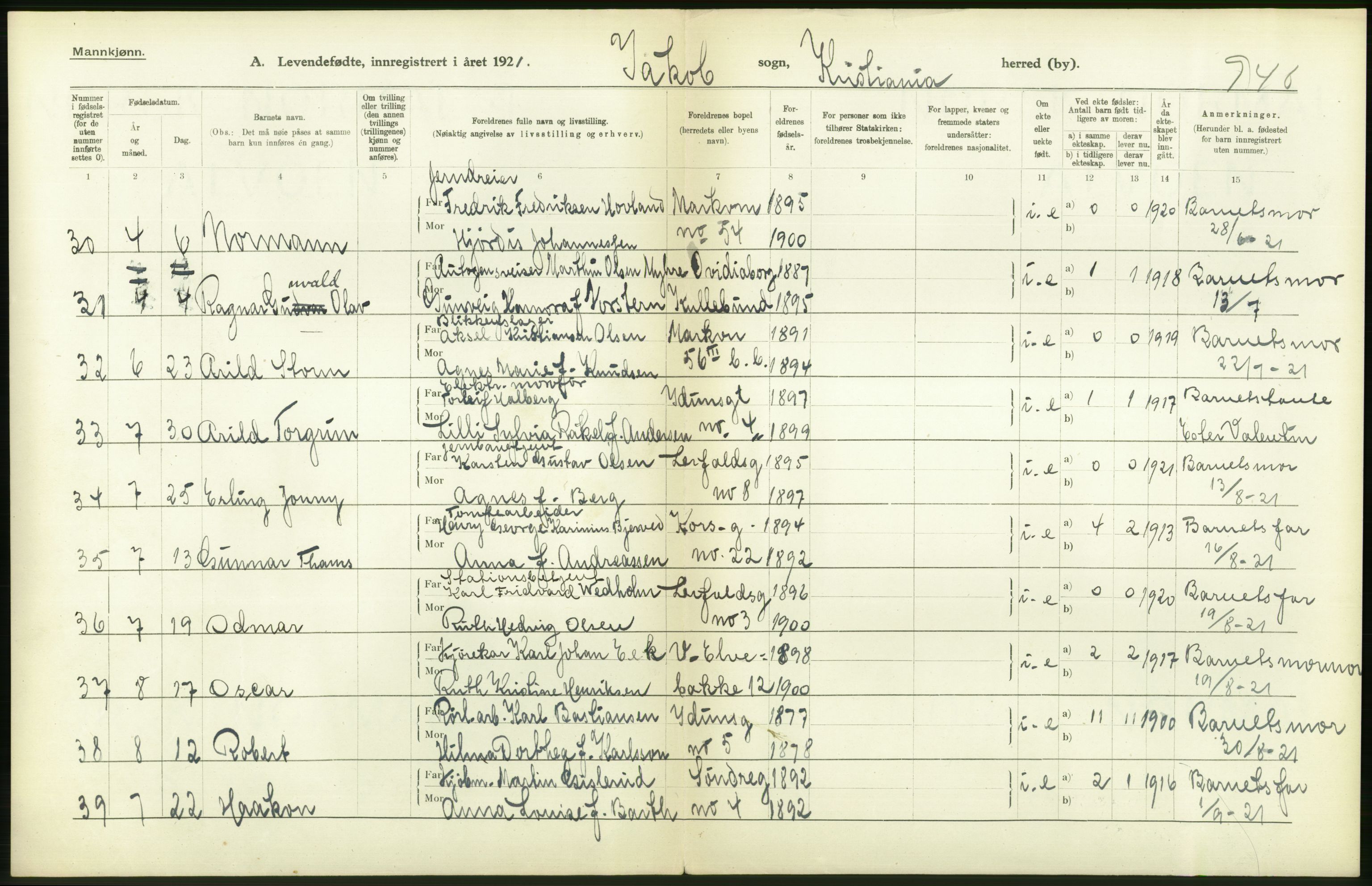 Statistisk sentralbyrå, Sosiodemografiske emner, Befolkning, RA/S-2228/D/Df/Dfc/Dfca/L0010: Kristiania: Levendefødte menn og kvinner., 1921, p. 418