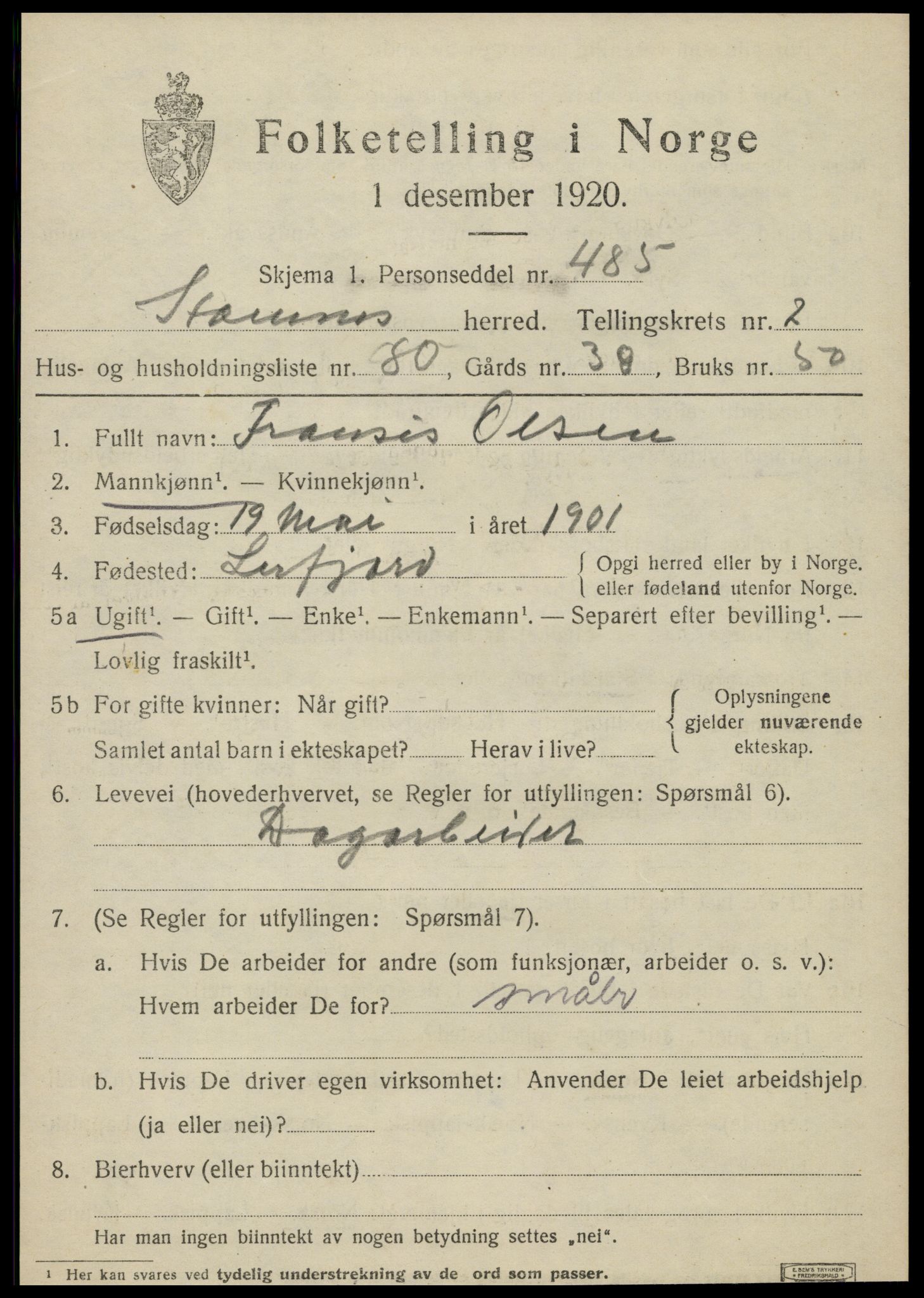 SAT, 1920 census for Stamnes, 1920, p. 3686