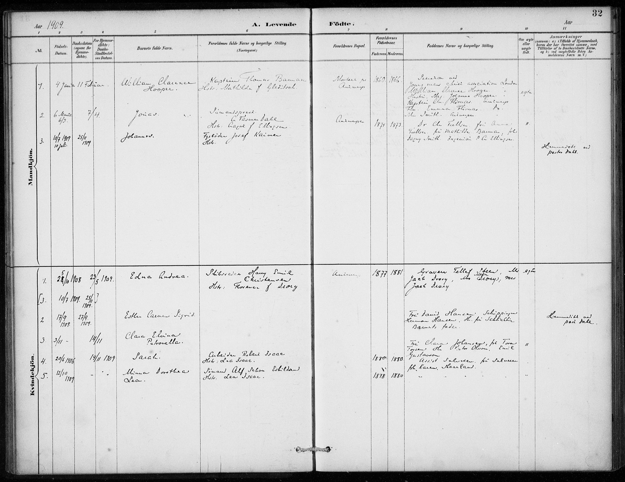 Den norske sjømannsmisjon i utlandet/Antwerpen, SAB/SAB/PA-0105/H/Ha/L0002: Parish register (official) no. A 2, 1887-1913, p. 32
