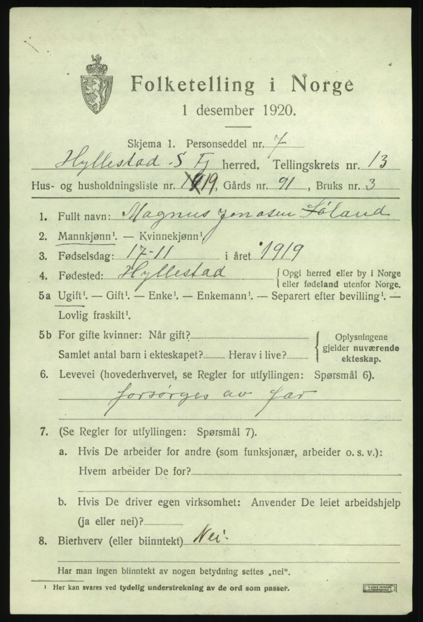 SAB, 1920 census for Hyllestad, 1920, p. 5090