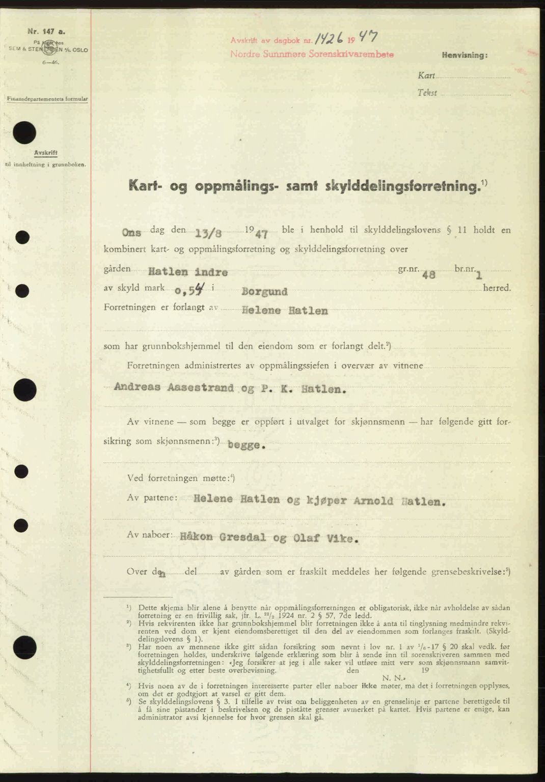 Nordre Sunnmøre sorenskriveri, AV/SAT-A-0006/1/2/2C/2Ca: Mortgage book no. A25, 1947-1947, Diary no: : 1426/1947