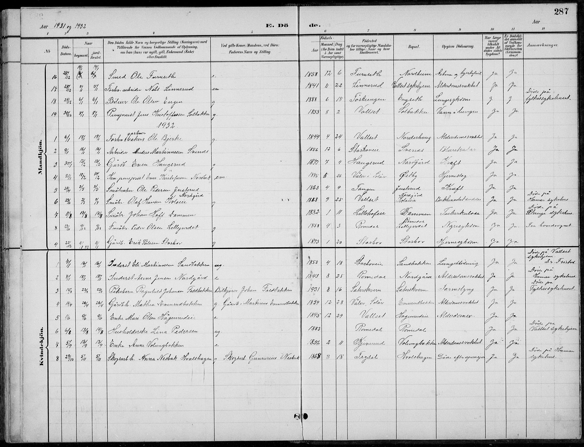 Romedal prestekontor, AV/SAH-PREST-004/L/L0013: Parish register (copy) no. 13, 1896-1937, p. 287