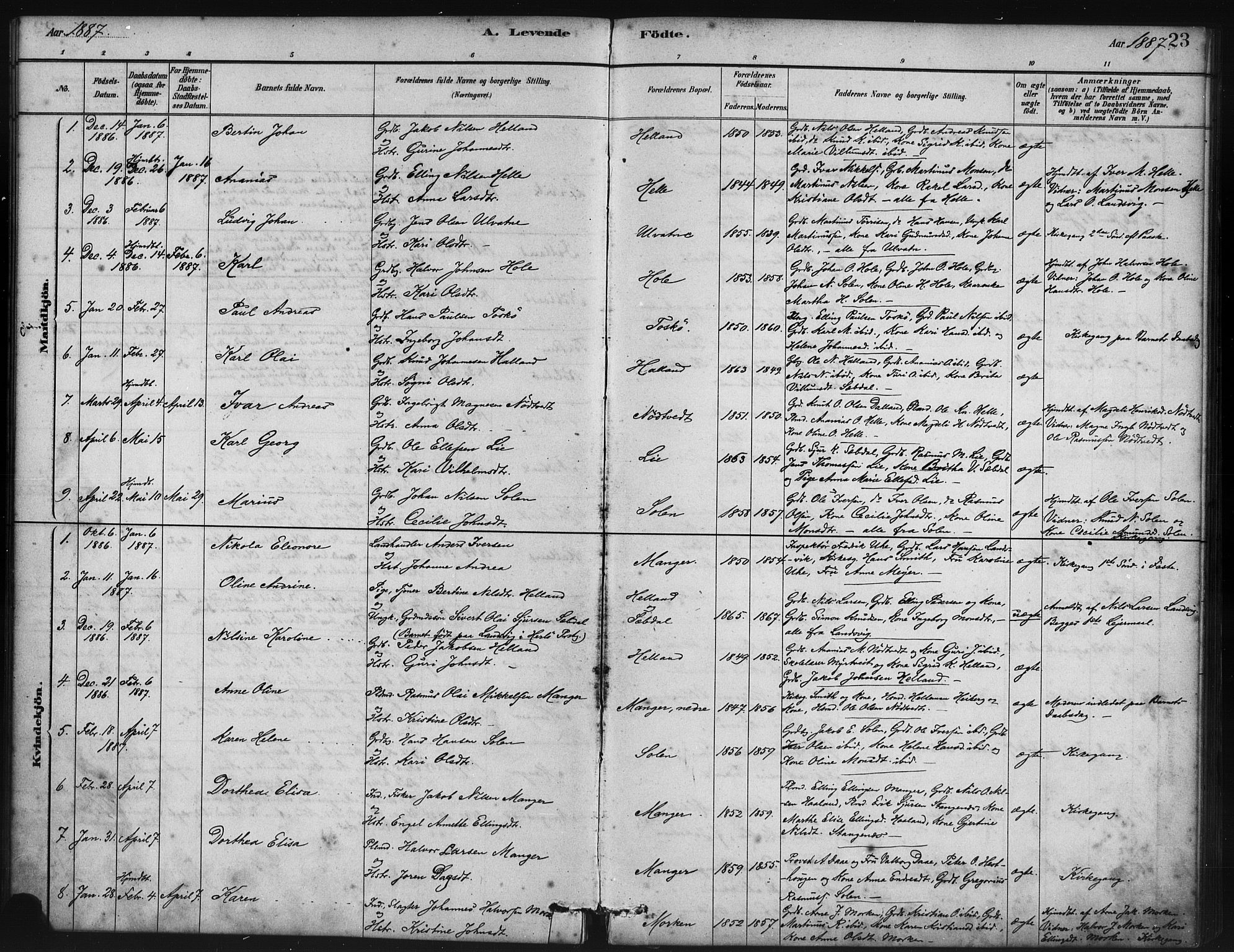 Manger sokneprestembete, SAB/A-76801/H/Haa: Parish register (official) no. B 1, 1881-1892, p. 23