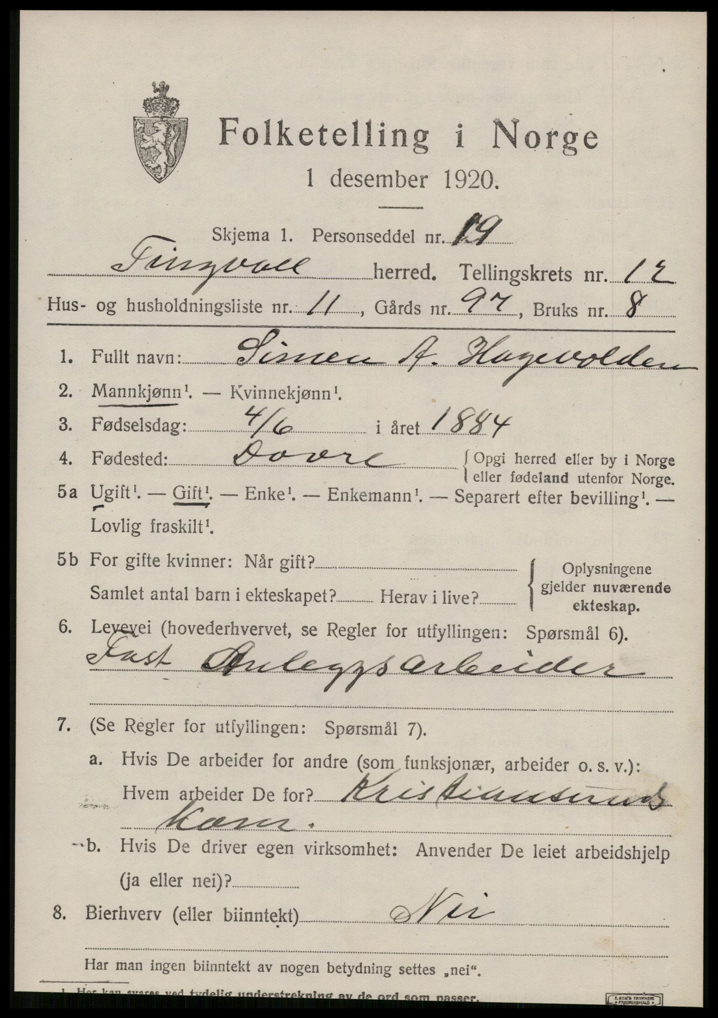 SAT, 1920 census for Tingvoll, 1920, p. 6106