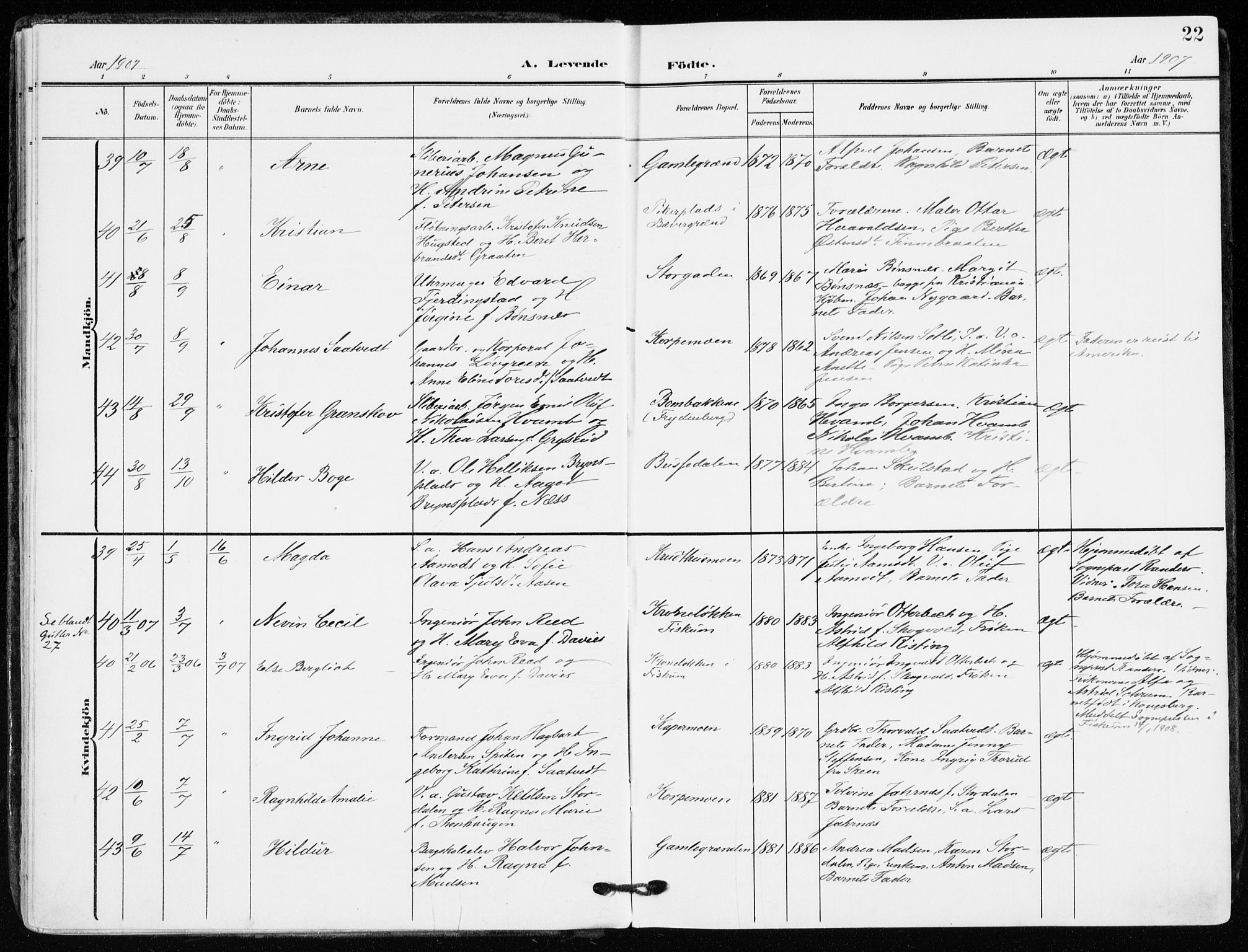 Kongsberg kirkebøker, AV/SAKO-A-22/F/Fb/L0004: Parish register (official) no. II 4, 1906-1918, p. 22