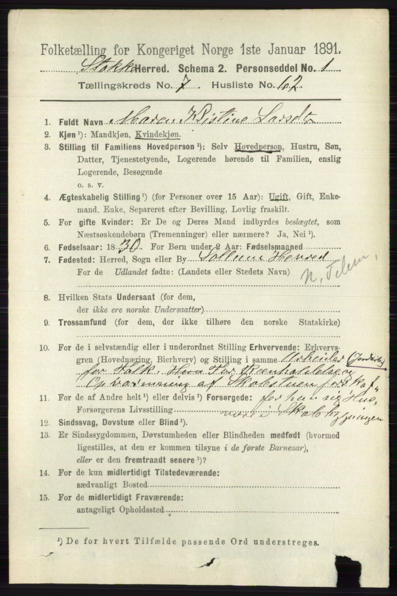 RA, 1891 census for 0720 Stokke, 1891, p. 4938