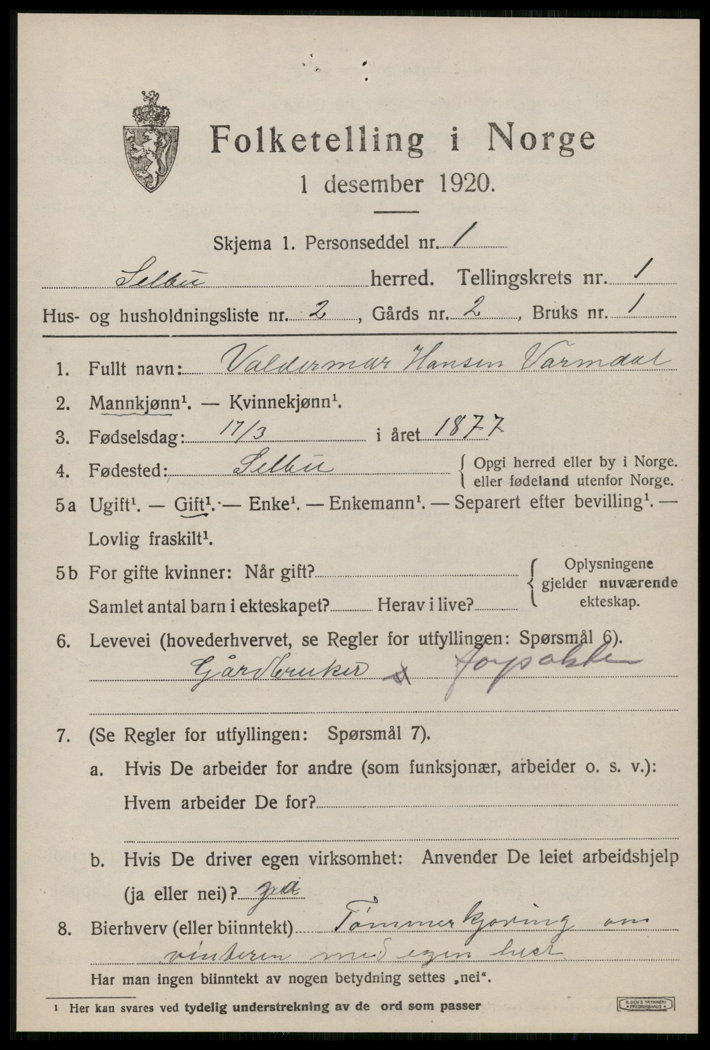 SAT, 1920 census for Selbu, 1920, p. 1688