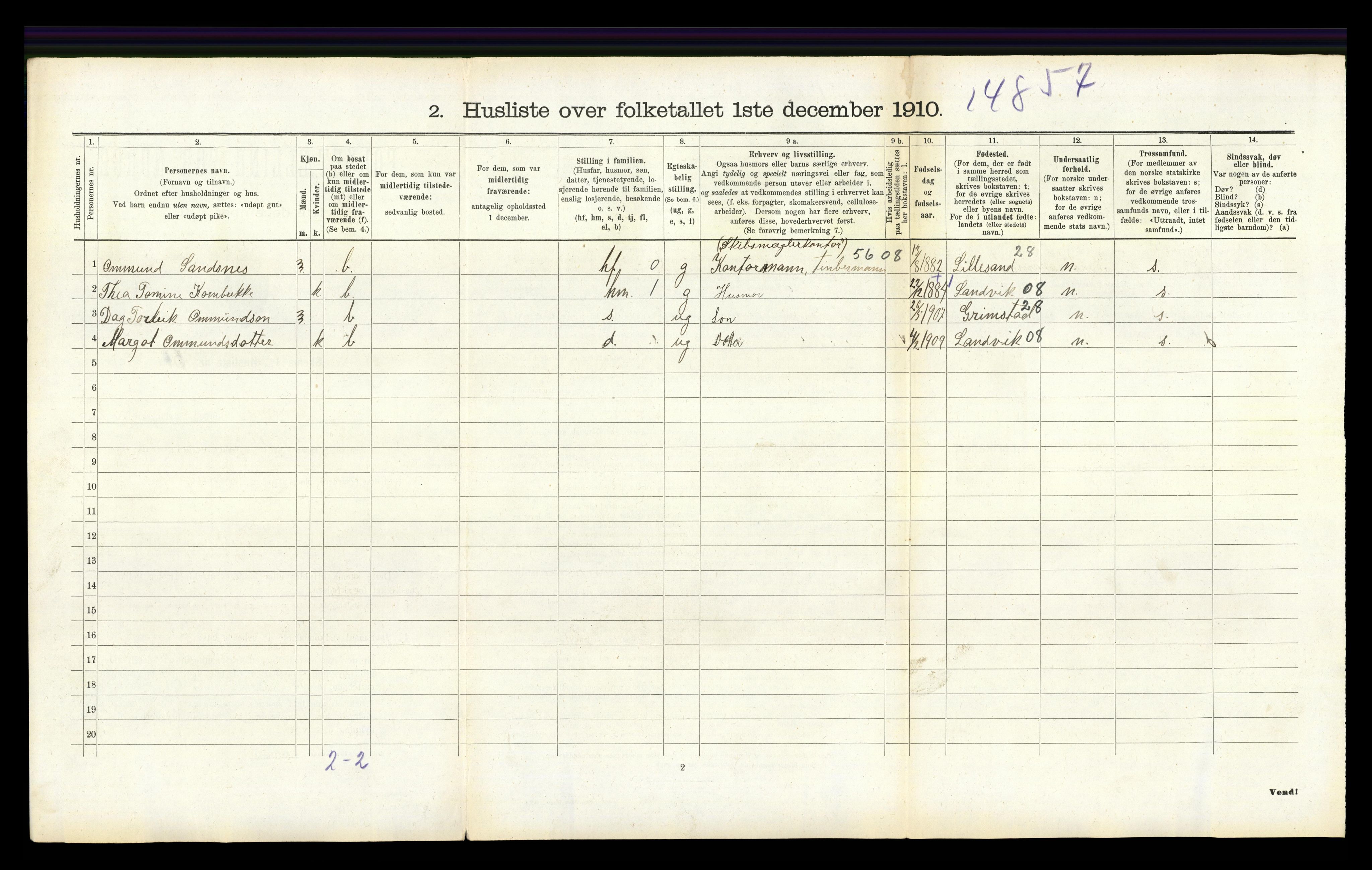 RA, 1910 census for Hornnes, 1910, p. 153