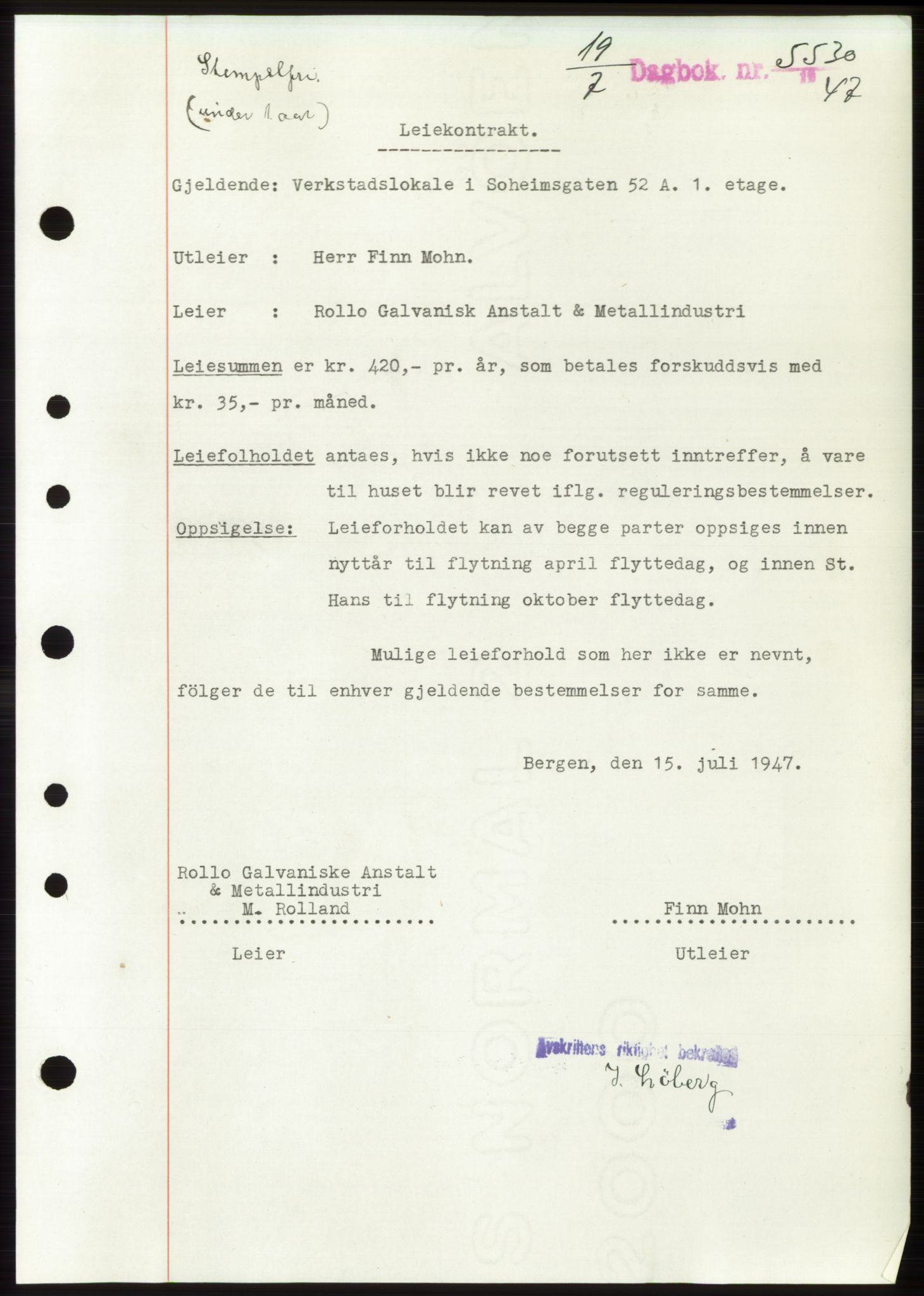 Byfogd og Byskriver i Bergen, AV/SAB-A-3401/03/03Bd/L0003: Mortgage book no. B29-39, 1947-1950, Diary no: : 5530/1947