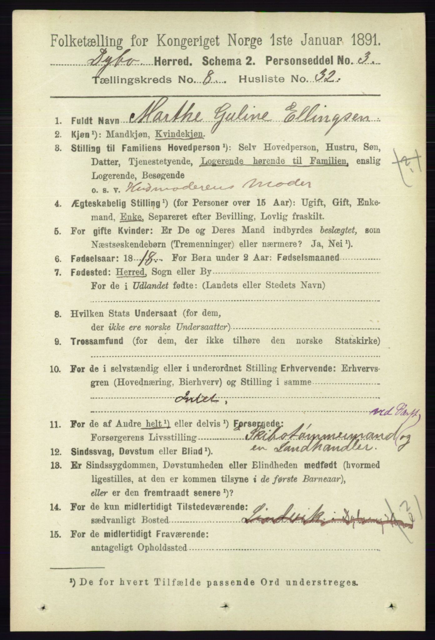 RA, 1891 census for 0915 Dypvåg, 1891, p. 2905