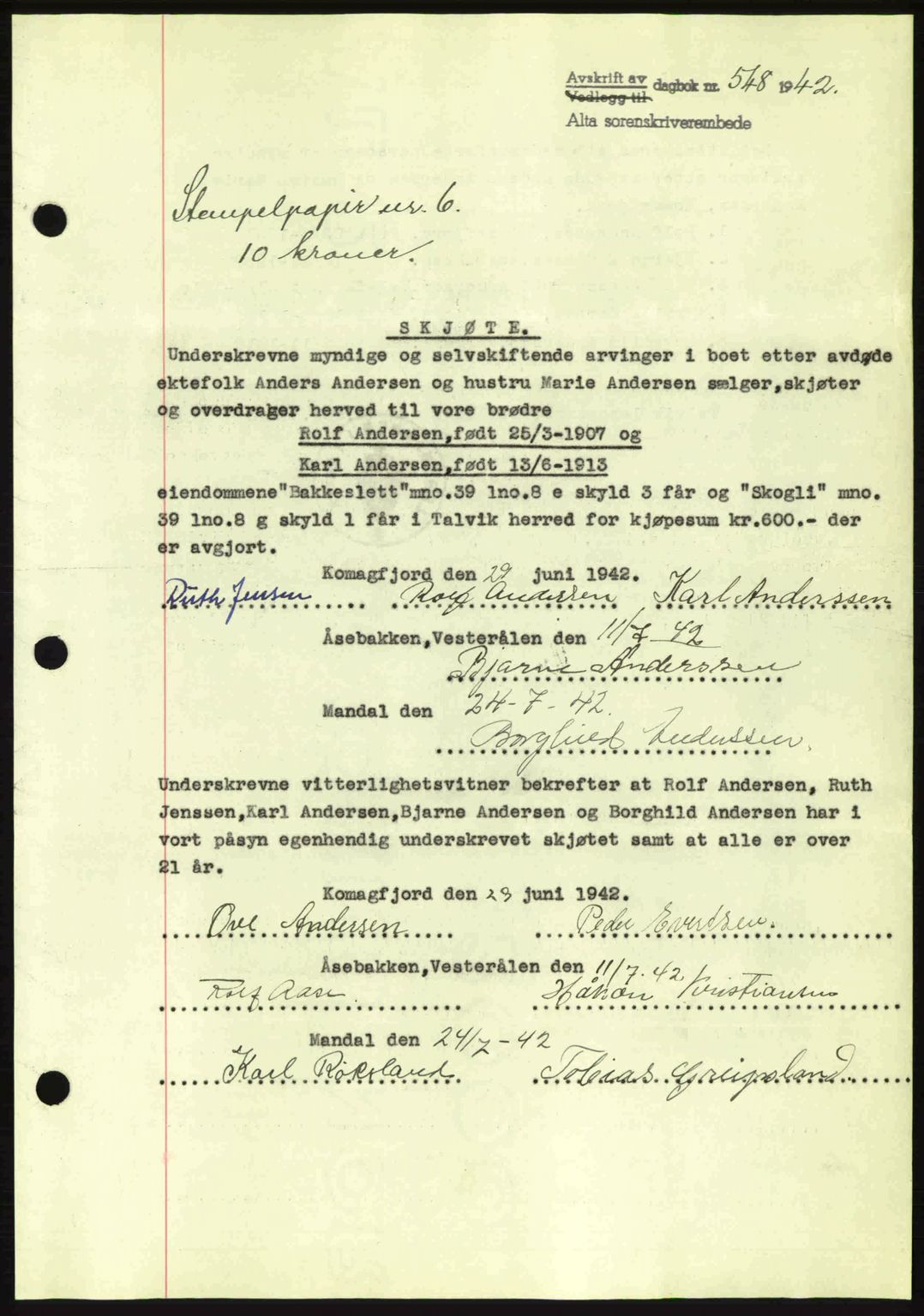 Alta fogderi/sorenskriveri, SATØ/SATØ-5/1/K/Kd/L0033pantebok: Mortgage book no. 33, 1940-1943, Diary no: : 548/1942