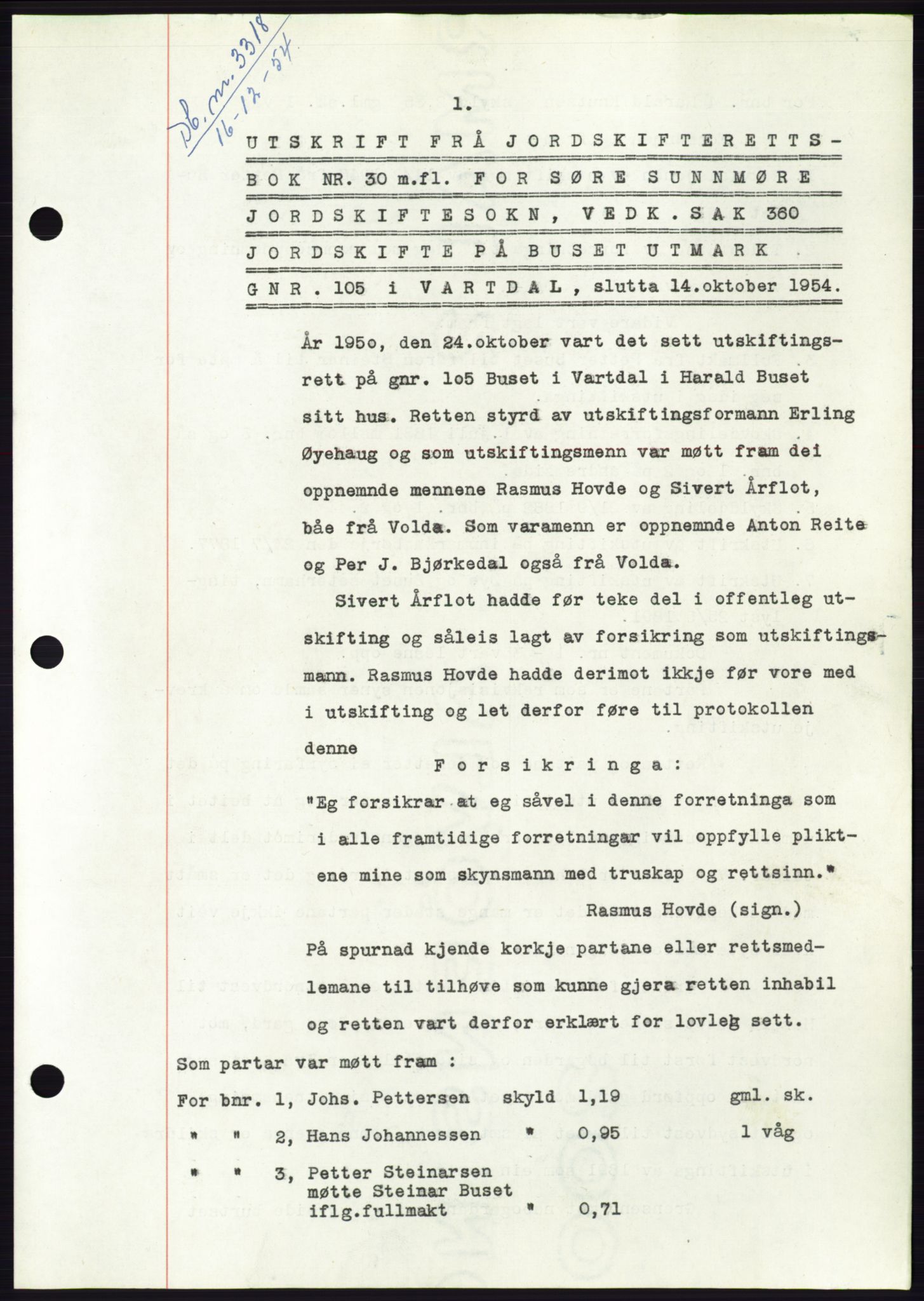 Søre Sunnmøre sorenskriveri, AV/SAT-A-4122/1/2/2C/L0099: Mortgage book no. 25A, 1954-1954, Diary no: : 3318/1954