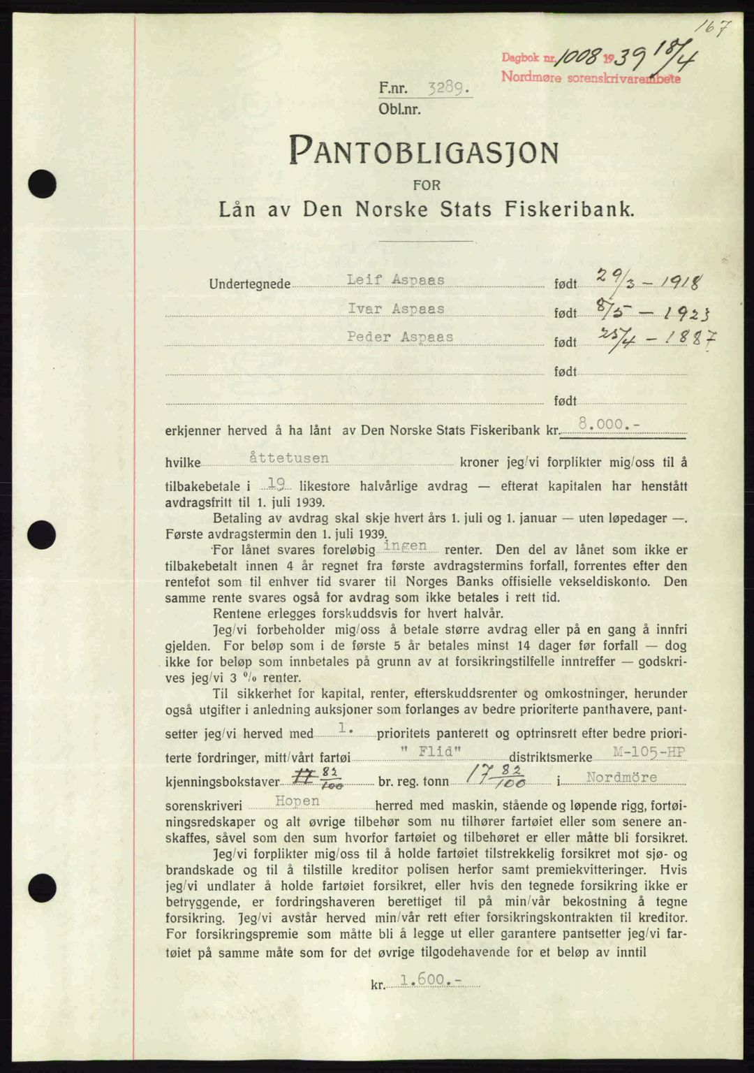 Nordmøre sorenskriveri, AV/SAT-A-4132/1/2/2Ca: Mortgage book no. B85, 1939-1939, Diary no: : 1008/1939