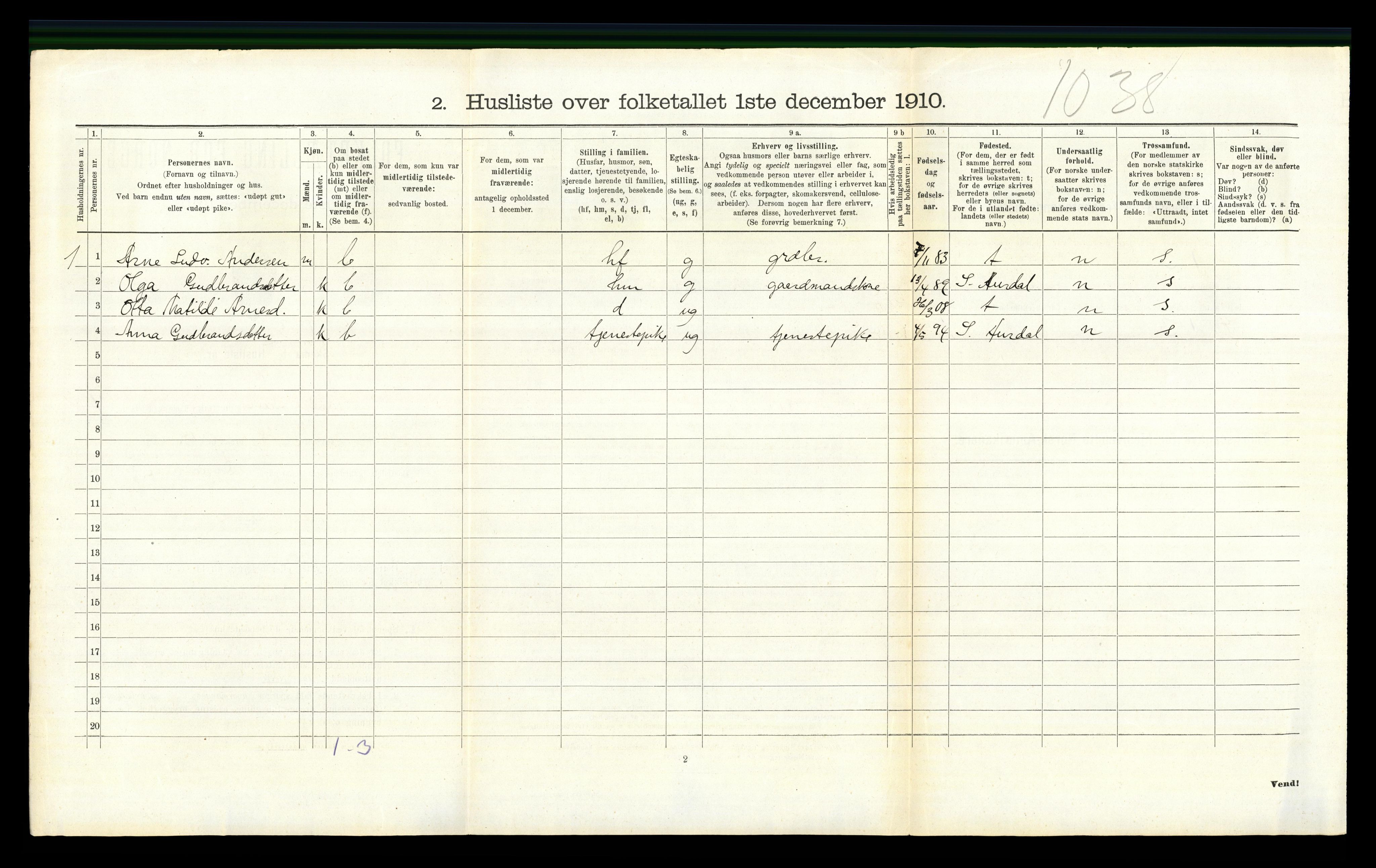 RA, 1910 census for Nordre Land, 1910, p. 454